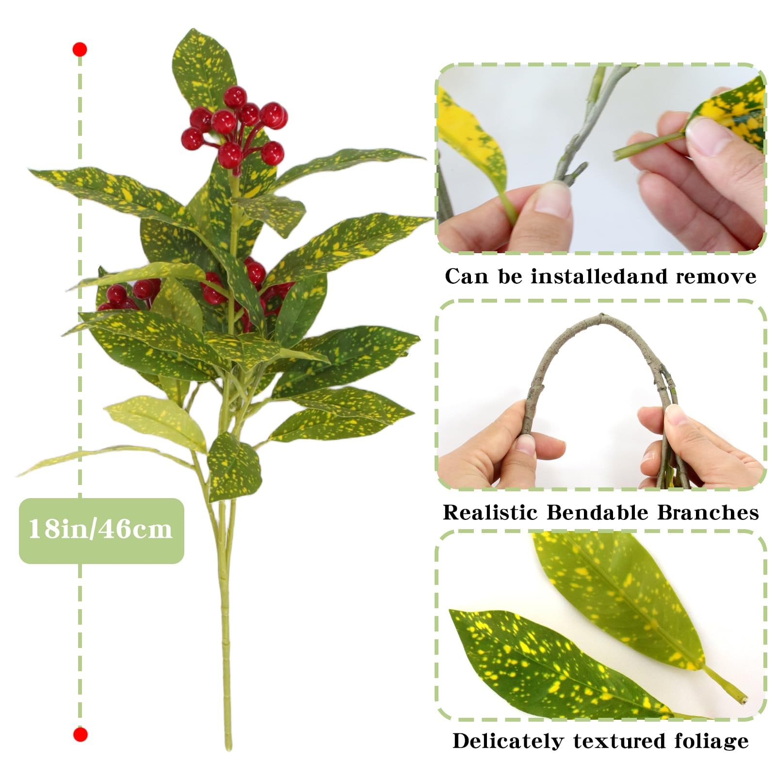 3 Pcs Artificial Greenery Plants, 18″ Faux Christmas Red Berry Plants Stems f…