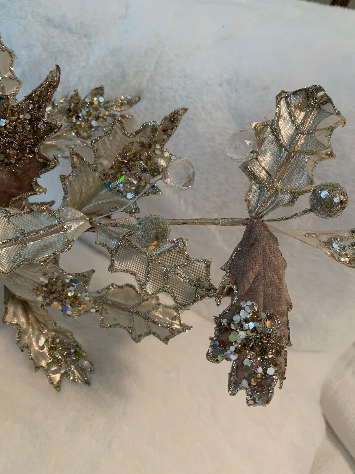 30” Leaf Cluster Floral Stem Decor Platinum Jeweled Glitter Christmas Wedding
