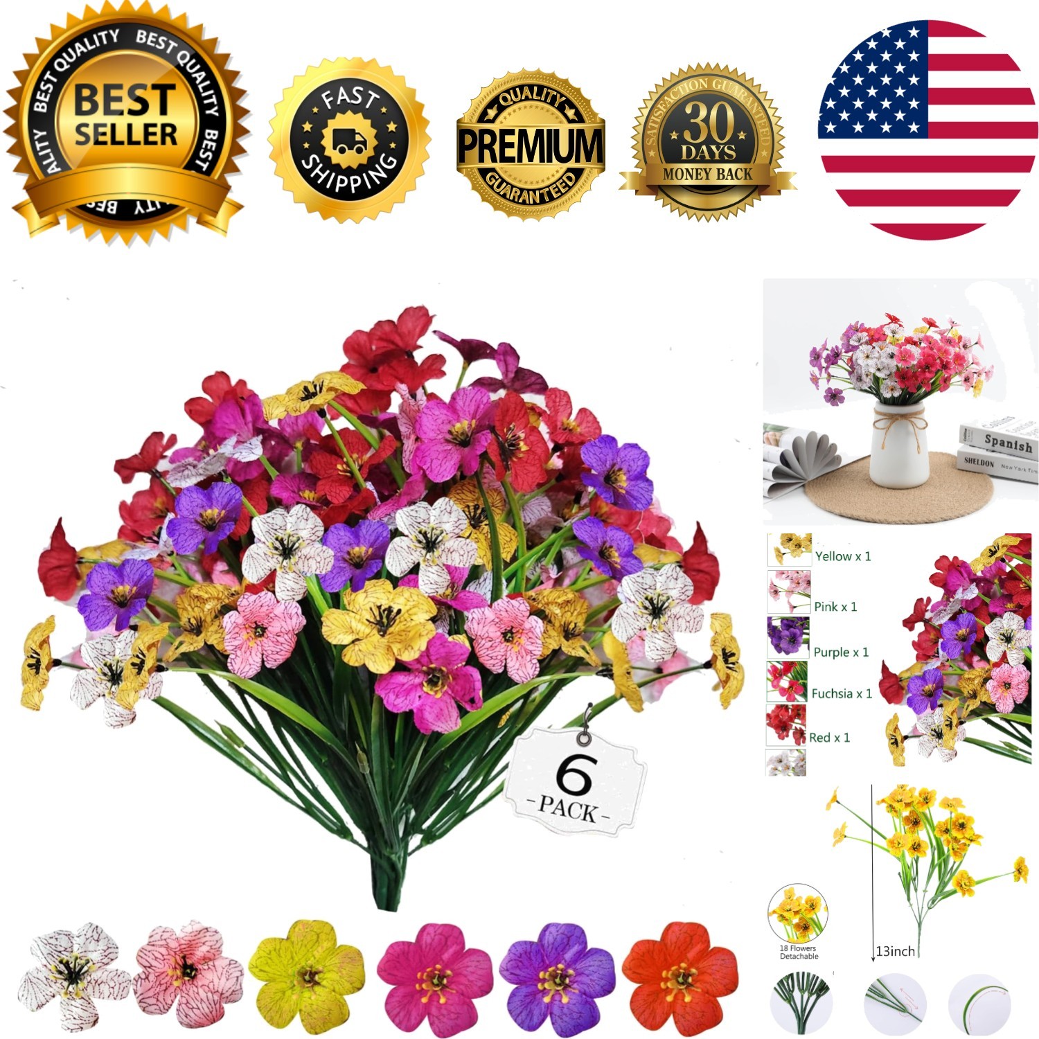 6Bundles Artificial Flowers for Outdoor,No Fade Fake Plastic Flowers Faux Pla…