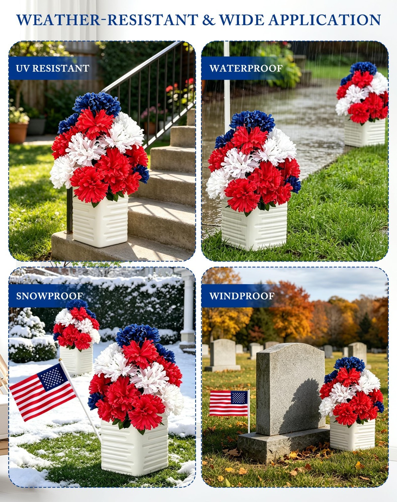2 Pack 20″ Patriotic Red White Blue Artificial Flowers with Ground Stakes | UV R