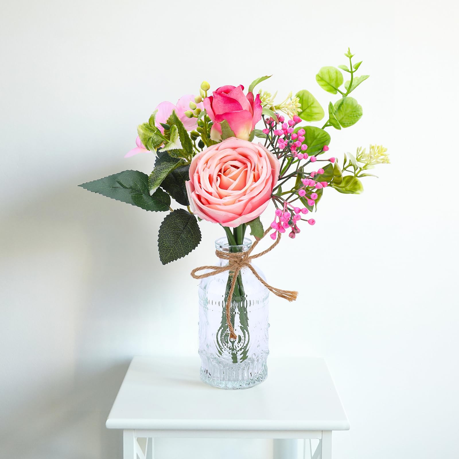 Flowers Bouquet in Small Vase – Pink Rose Artificial Fake Centerpiece Potted …