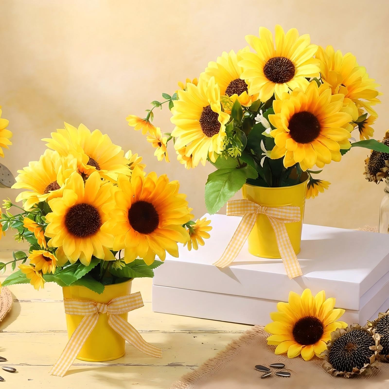2 Pack Small Artificial Sunflower Plant in Pots Faux Flower Potted Plants Yel…