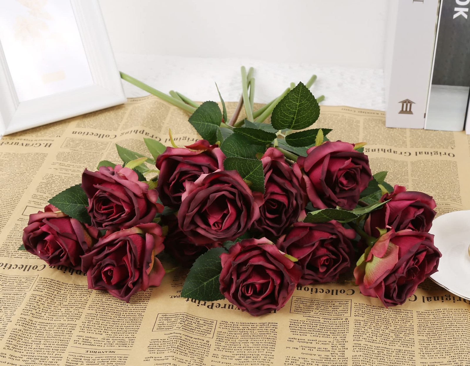 Burgundy Roses Artificial Flowers 12PCS Roses Flowers Heads Dried Silk Flower…