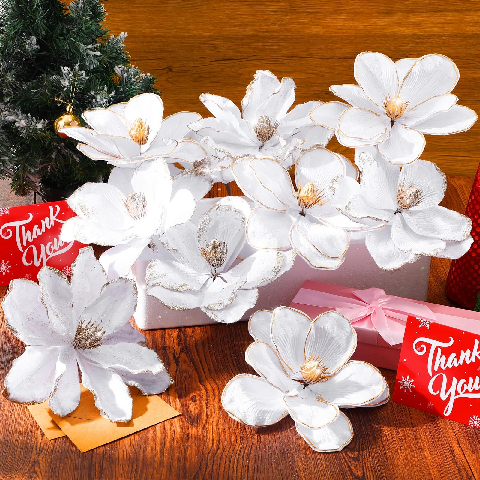 12 Pcs 9 Inch Large Velvet Christmas Magnolia Flower White Artificial Decor