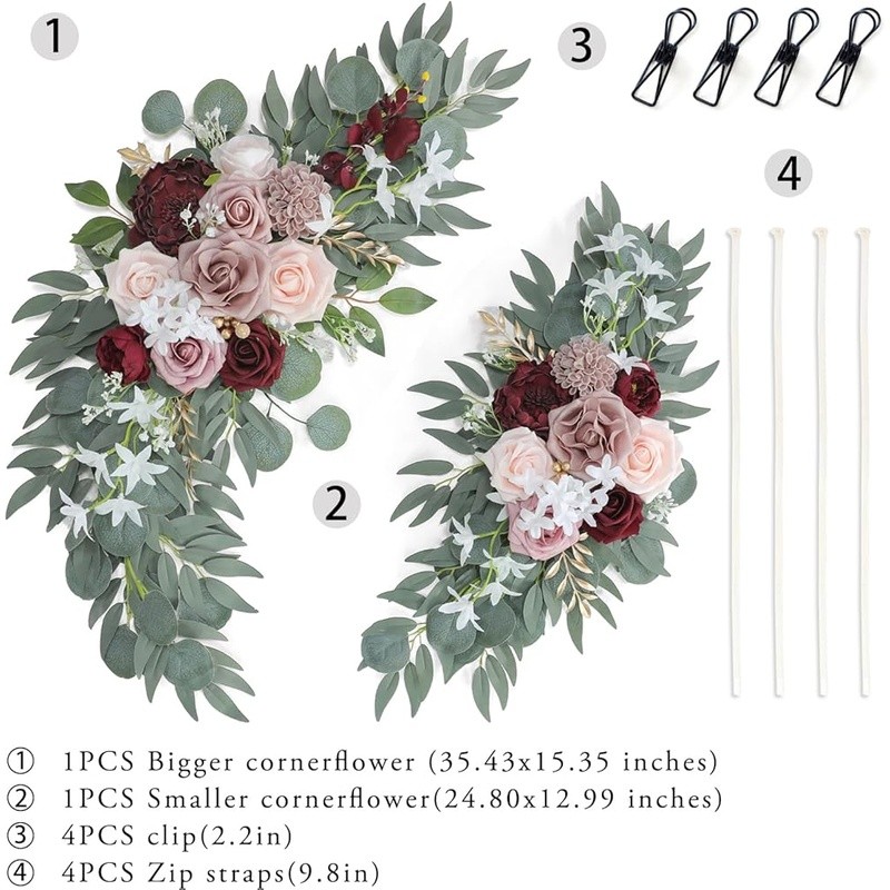 Burgundy Wedding Arch Flowers Decoration Kit Faux Silk Floral Set Metal Clips US