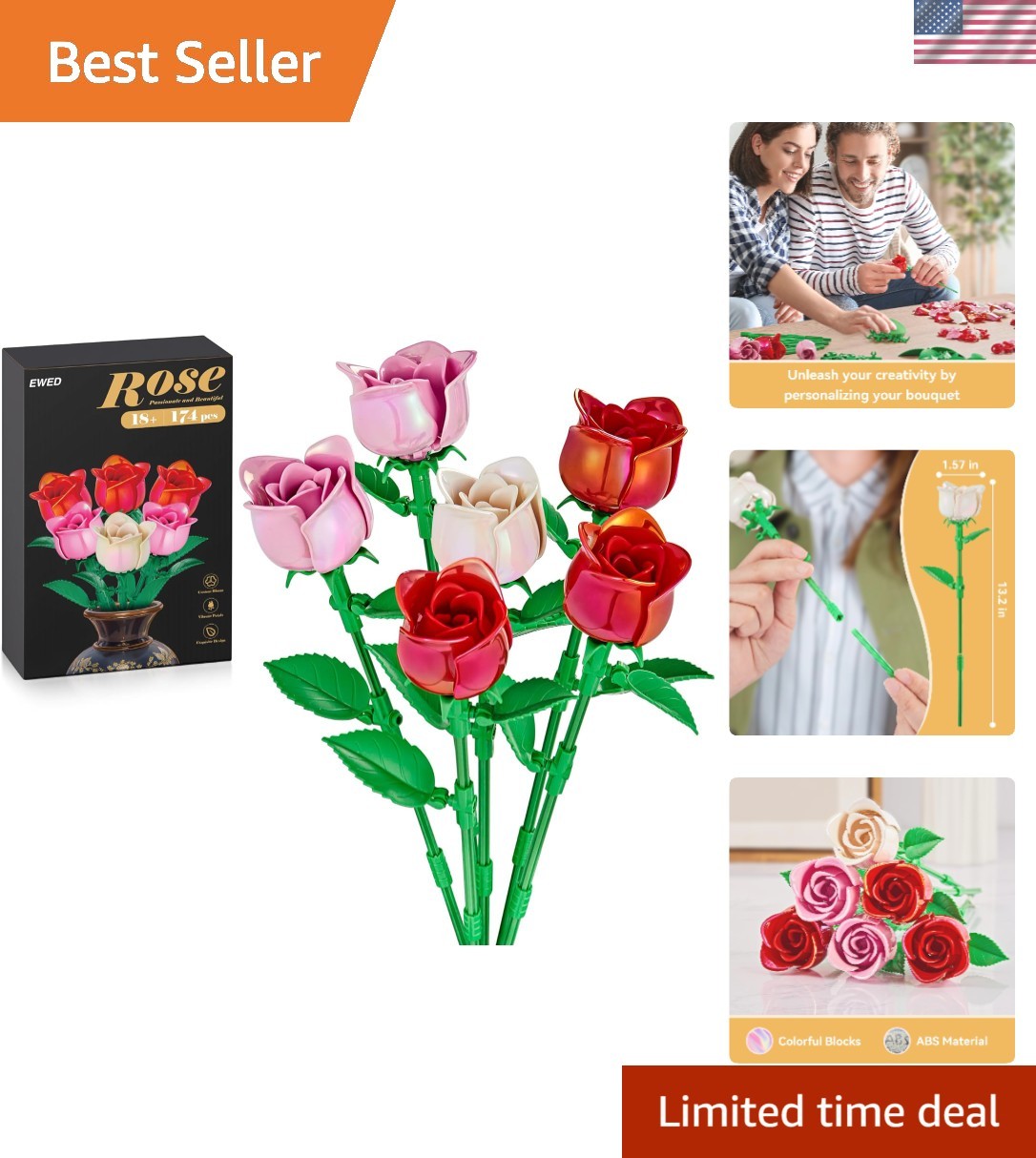 Versatile 174-Piece Rose Building Set with Adjustable Stems – Creativity Awaits!
