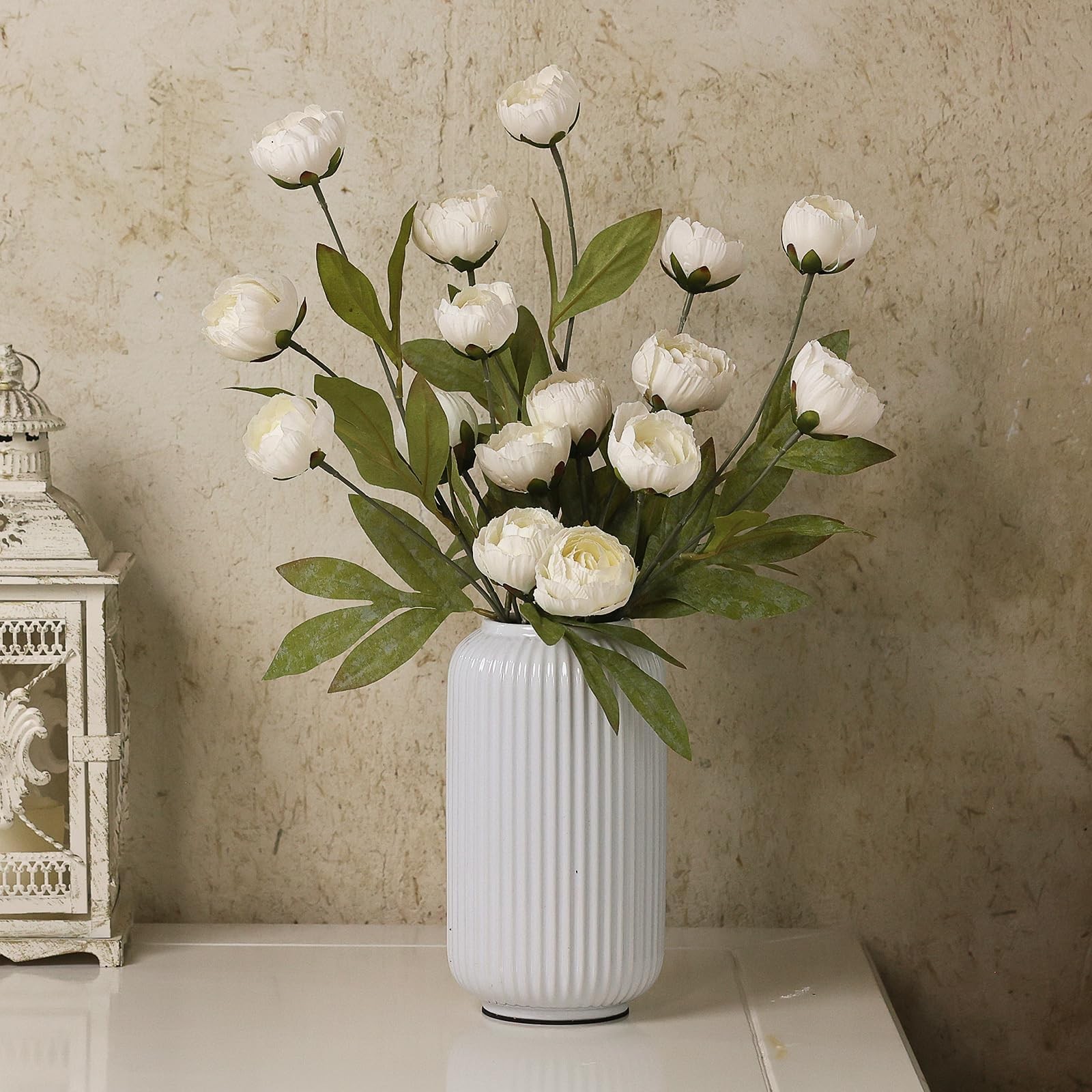 VIERENA 12 Pcs 27″ Faux Silk Peony Artificial Flowers Stems Vase(Cream)