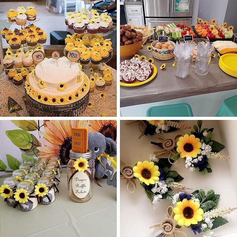 Mini Yellow Artificial Flower Heads 100 PCS Fake Sunflower Fabric Craft Decor
