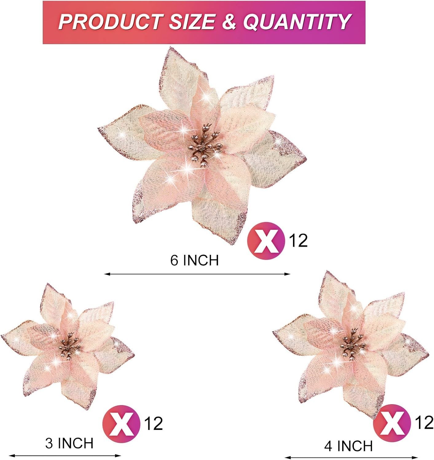 36 Pcs 3 Size Christmas Poinsettia Christmas Tree Flowers Glitter Faux Flower…