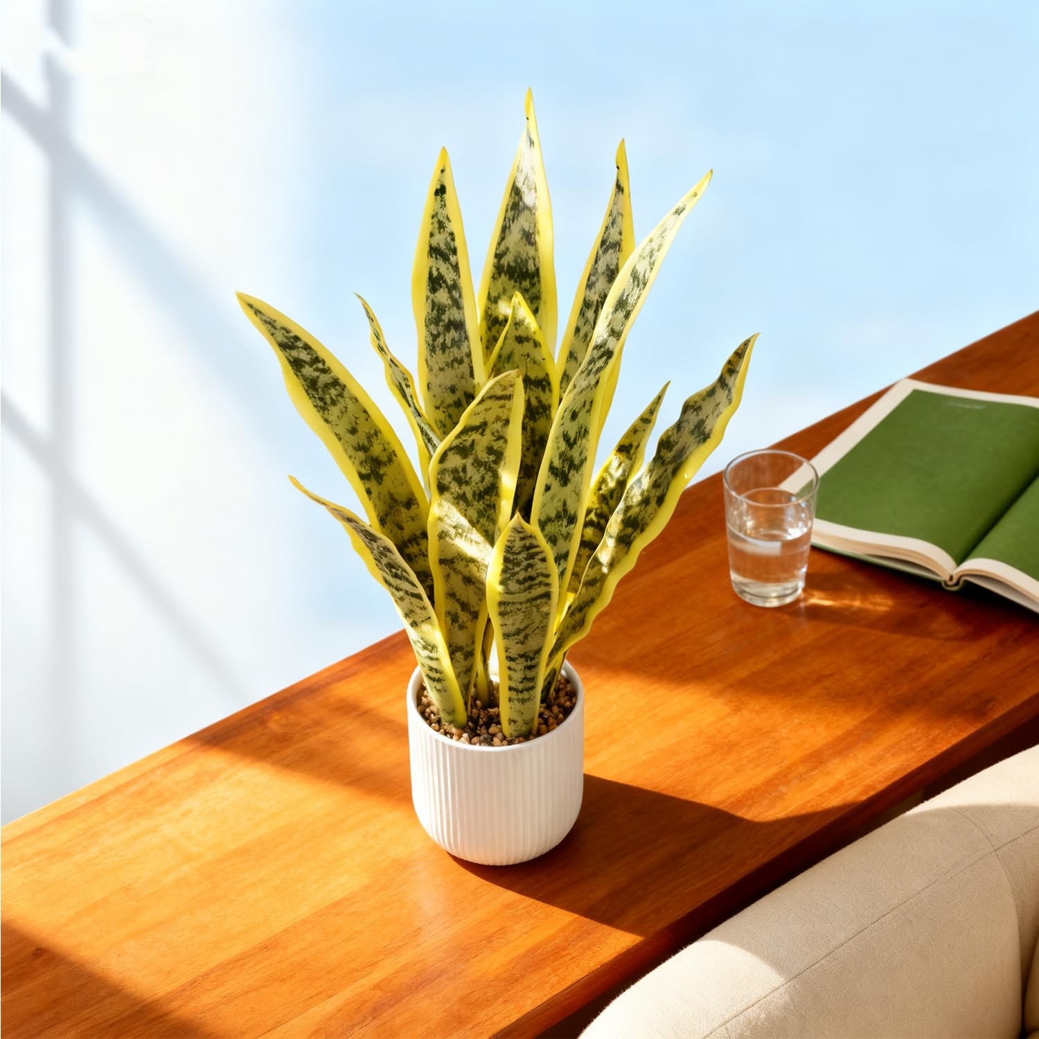 21.5″ Artificial Realistic Snake Plant White Pot Sansevieria Light Yellow