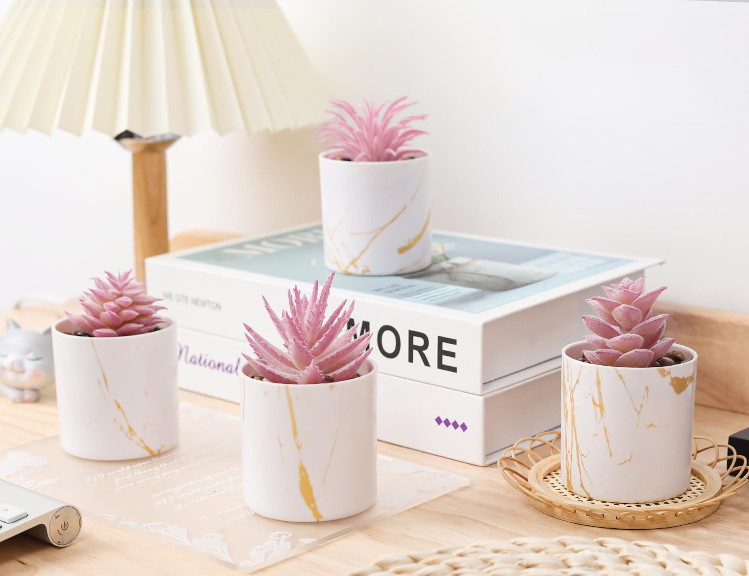 4 Fake Pink Succulents, Small Artificial Plants For Office Desk