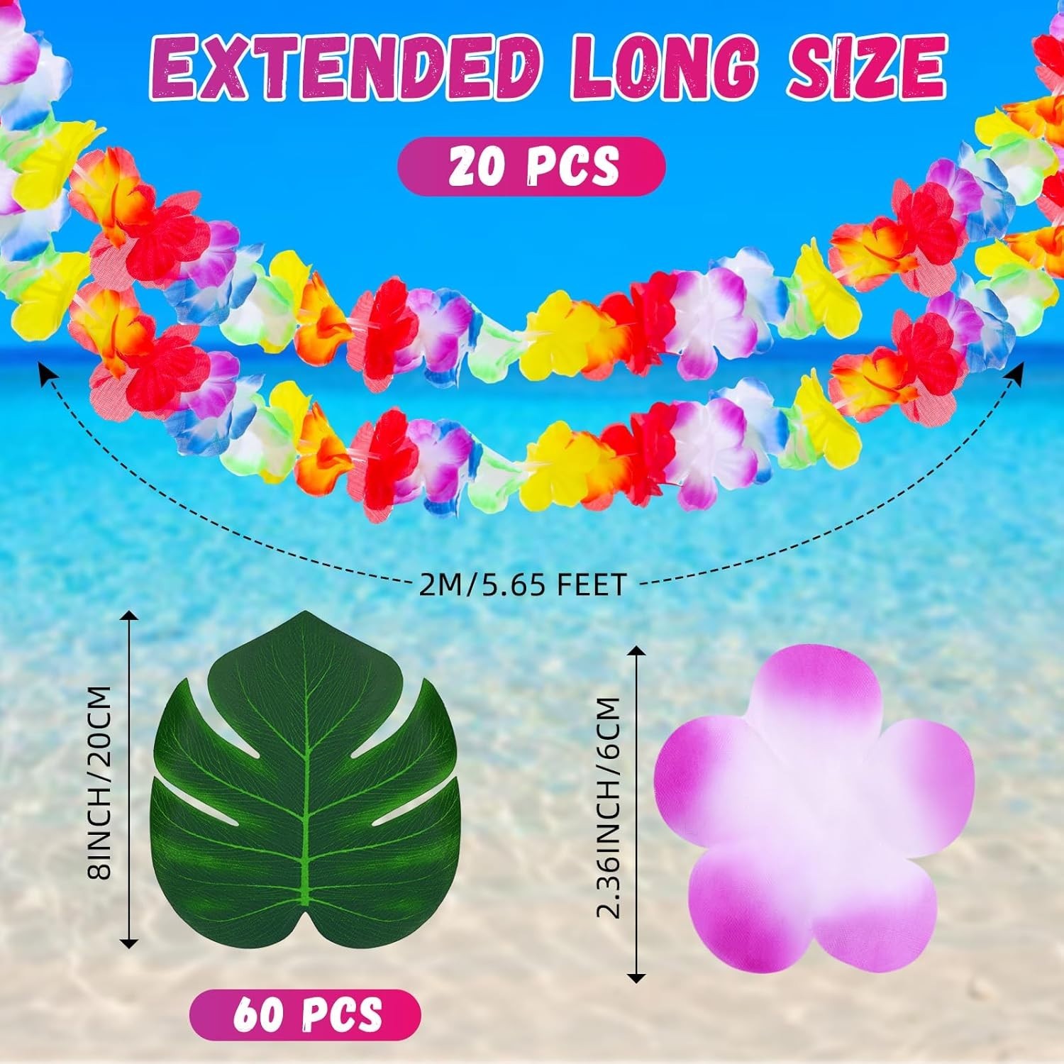 20 Pcs Multicolor Tropical Flower Lei Garland 60 Pcs 8 Inch Palm Leaves Artifici