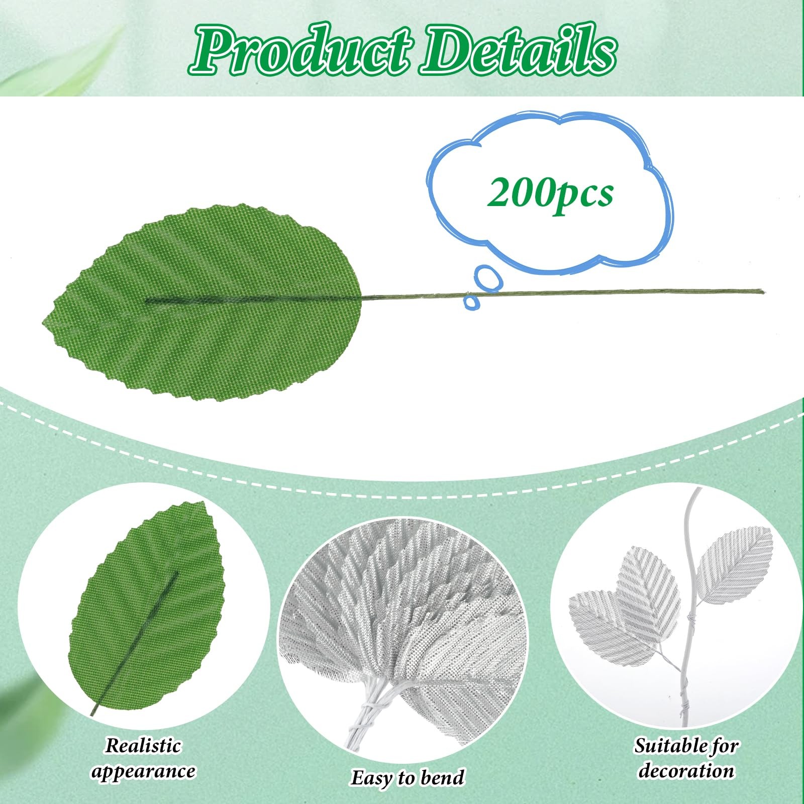 200 PCS Artificial Green Leaves Silk Faux Wired Single Leaf Bulk DIY Crafts