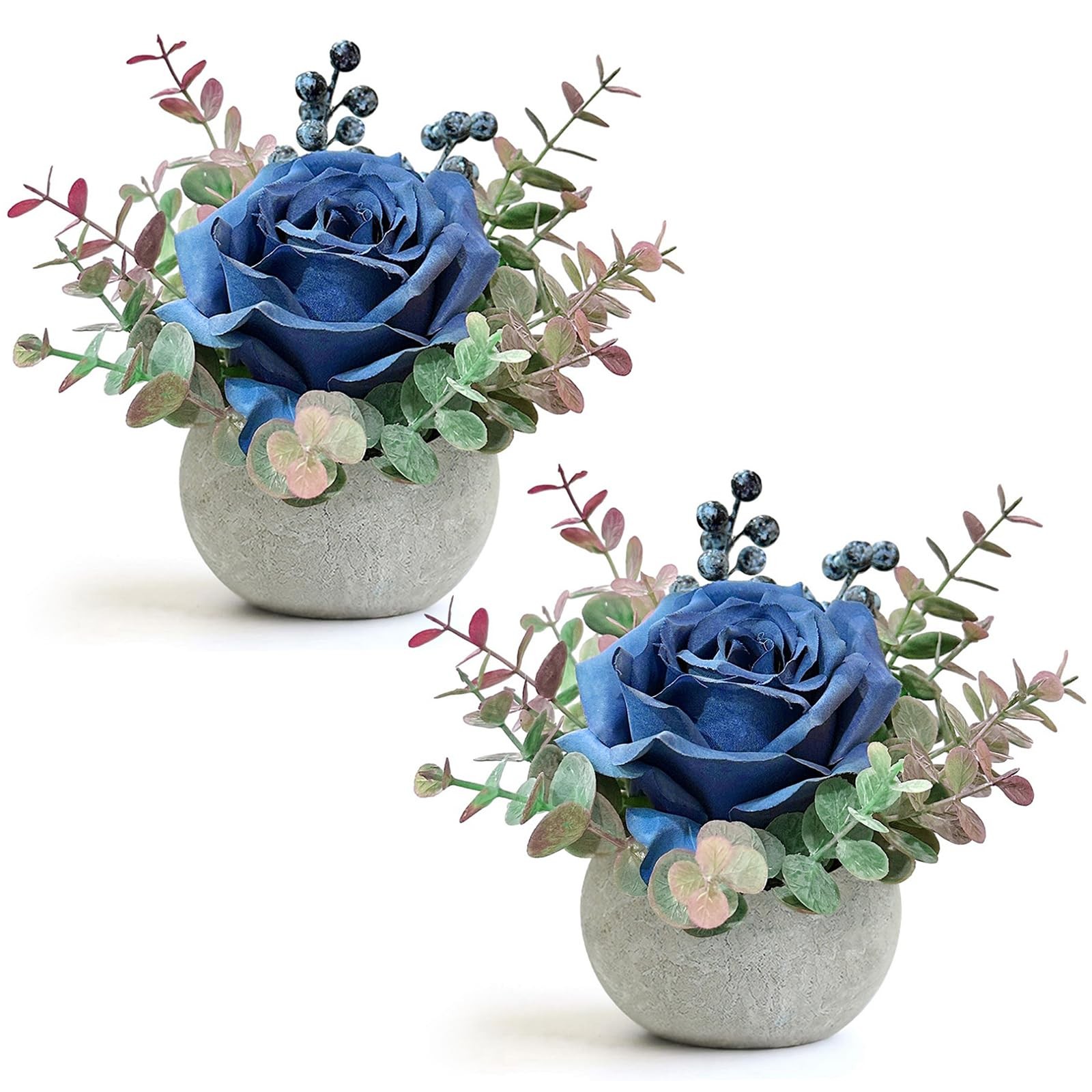 2 Pack Artificial Flowers With Pot Blue Rose Eucalyptus Fake Potted House Plants