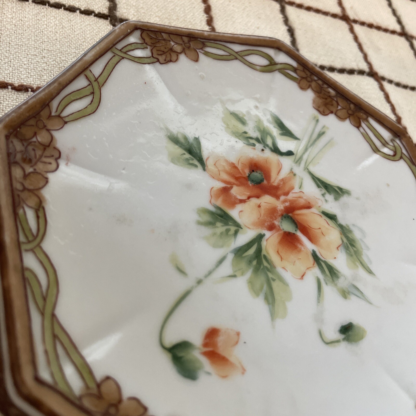 Antique NIPPON porcelain footed Planter Plate Poppy flowers Sun mark