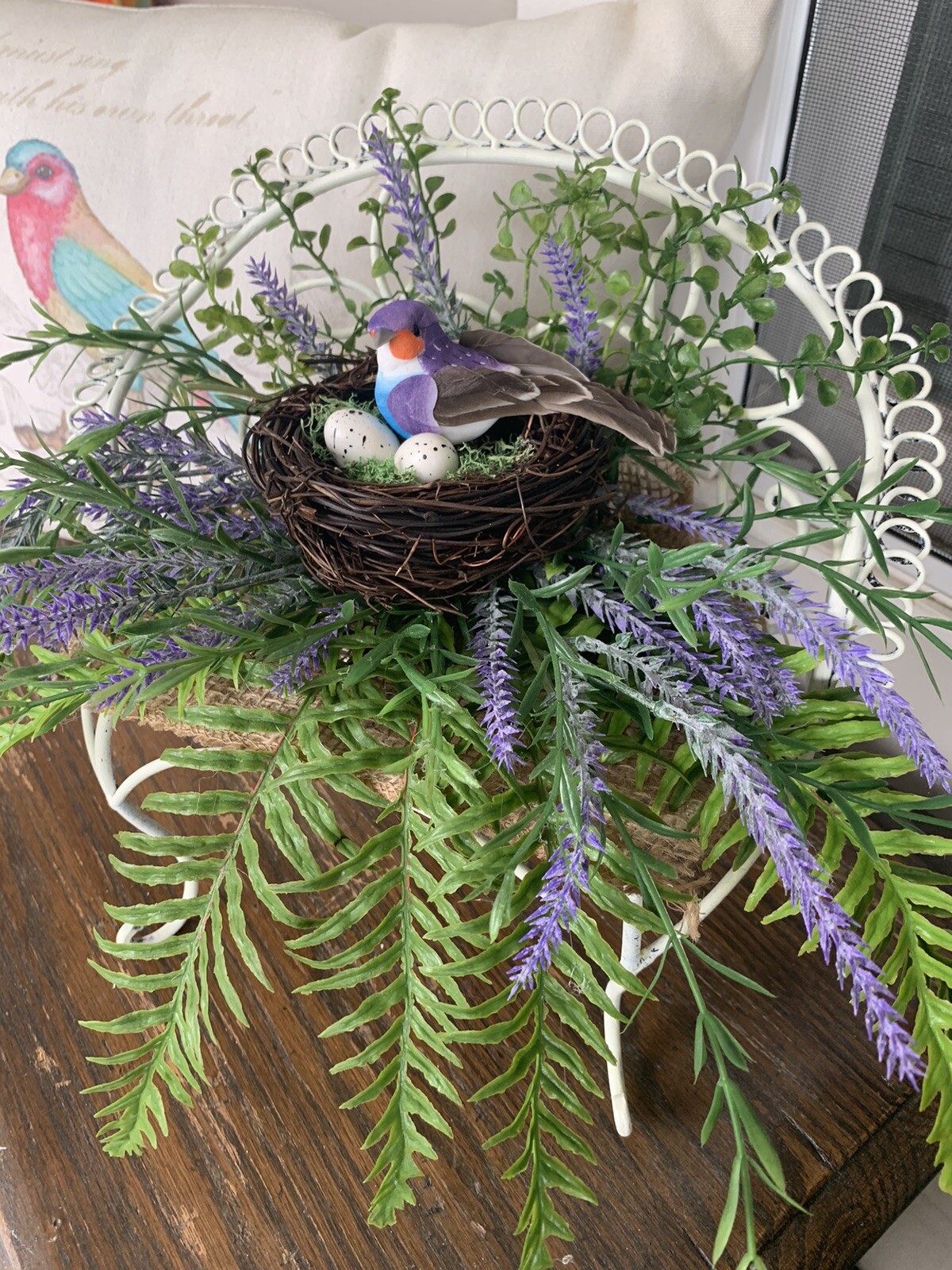 Metal Bench floral Bird Nest Arrangement 14×10 Handmade