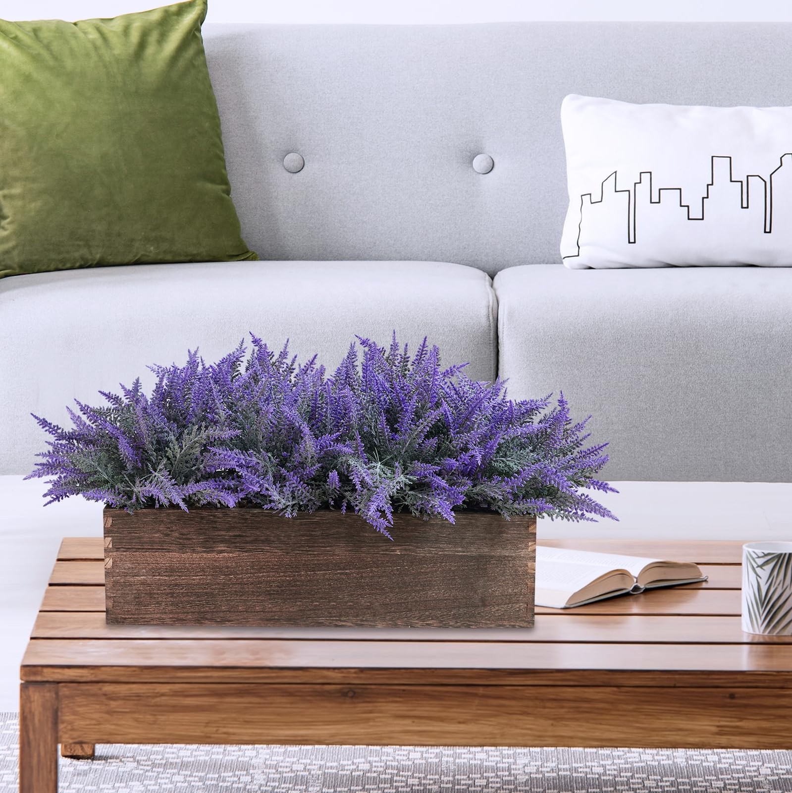 14″ Artificial Lavender Flowers Plants in Rectangular Wooden Planter Box Faux…
