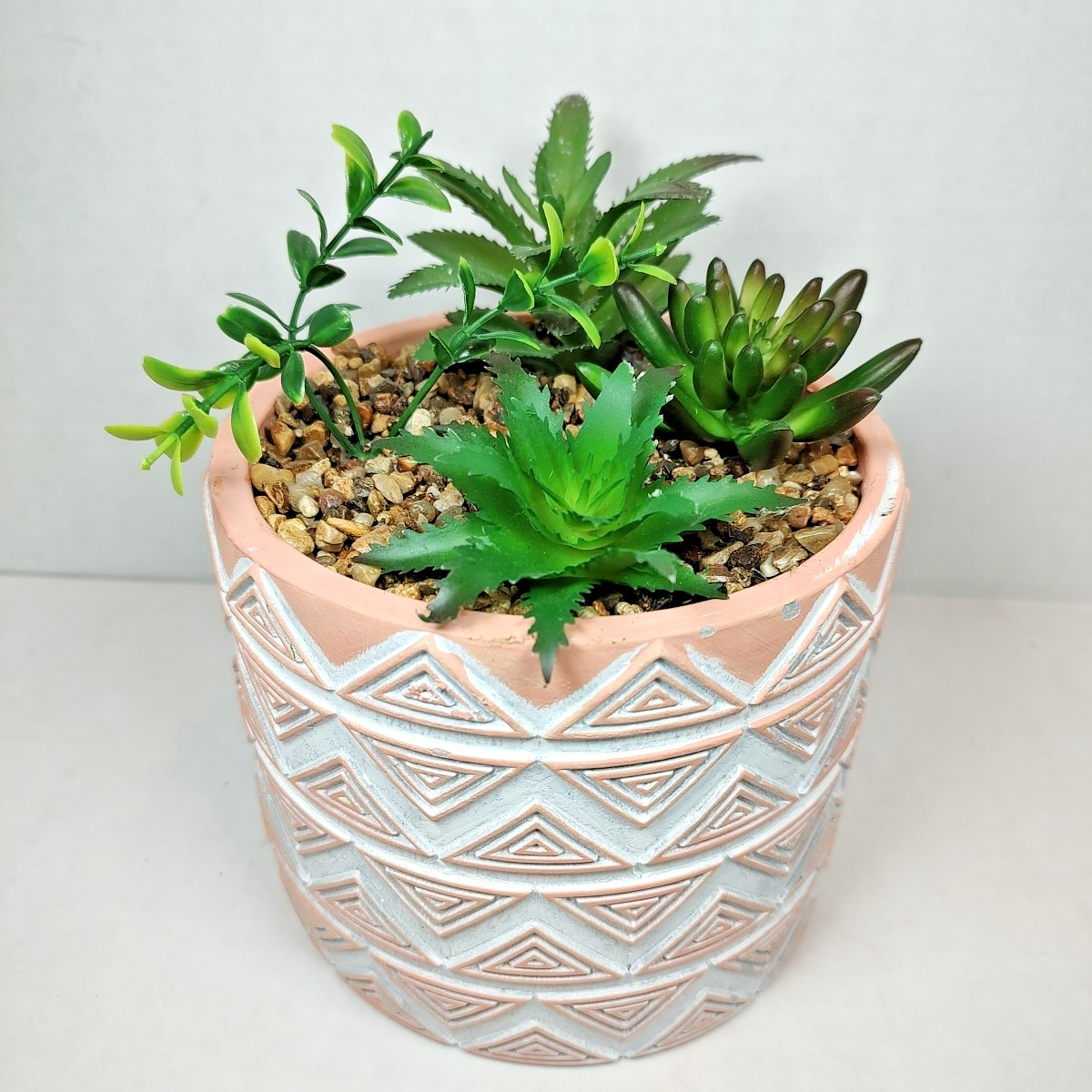 Modern Coastal Geometric Tribal Pattern Planter Pot w/ Faux Succulent Mix Peach
