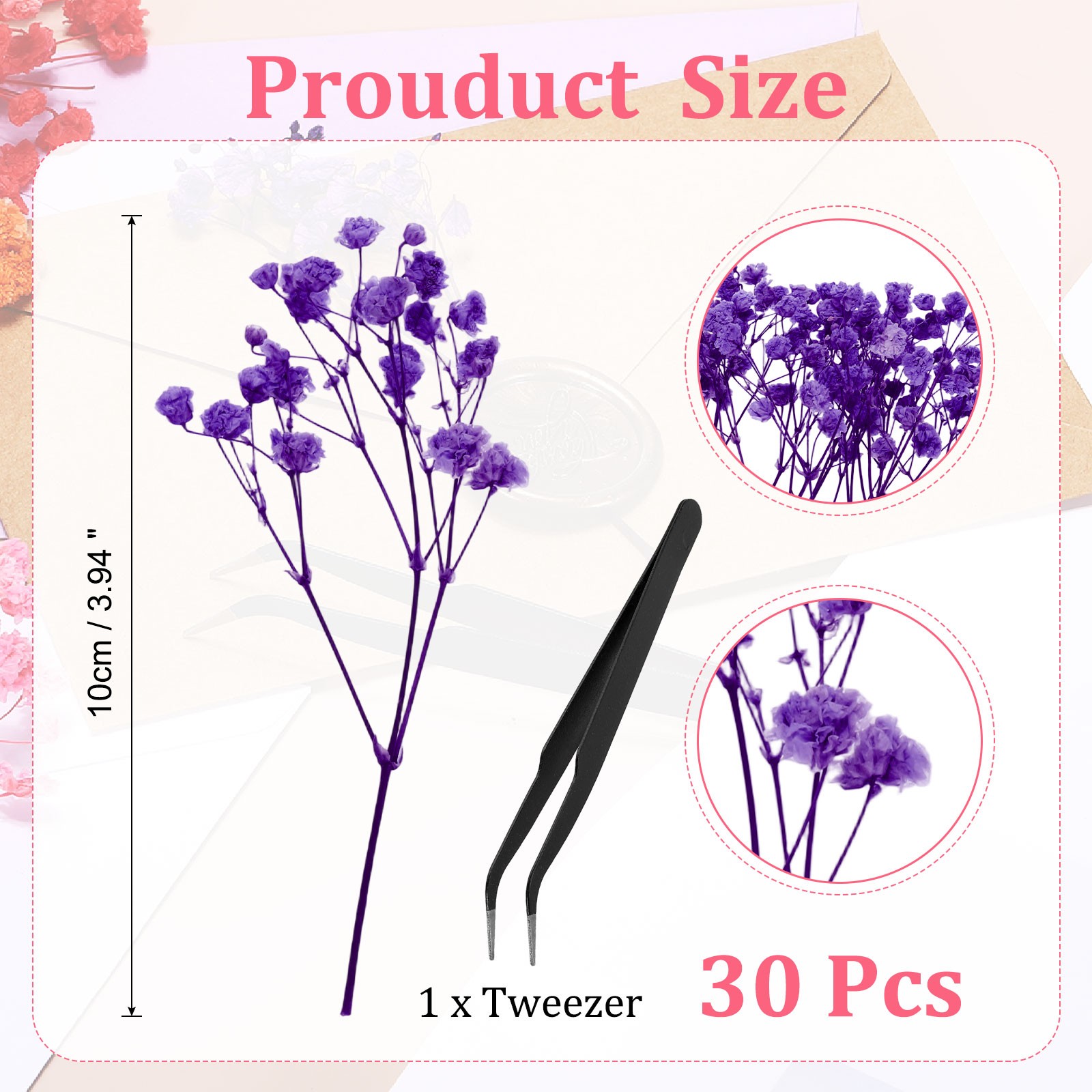30 Pcs Dried Gypsophila Flower 4″ Blue Purple Pressed Flowers with Tweezer