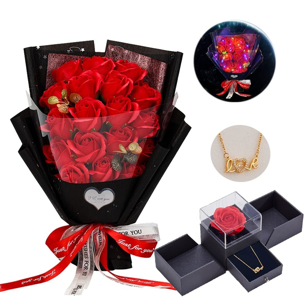 Preserved Red Roses Bouquet with Love Necklace – Unique Gift for Her, Valentine’