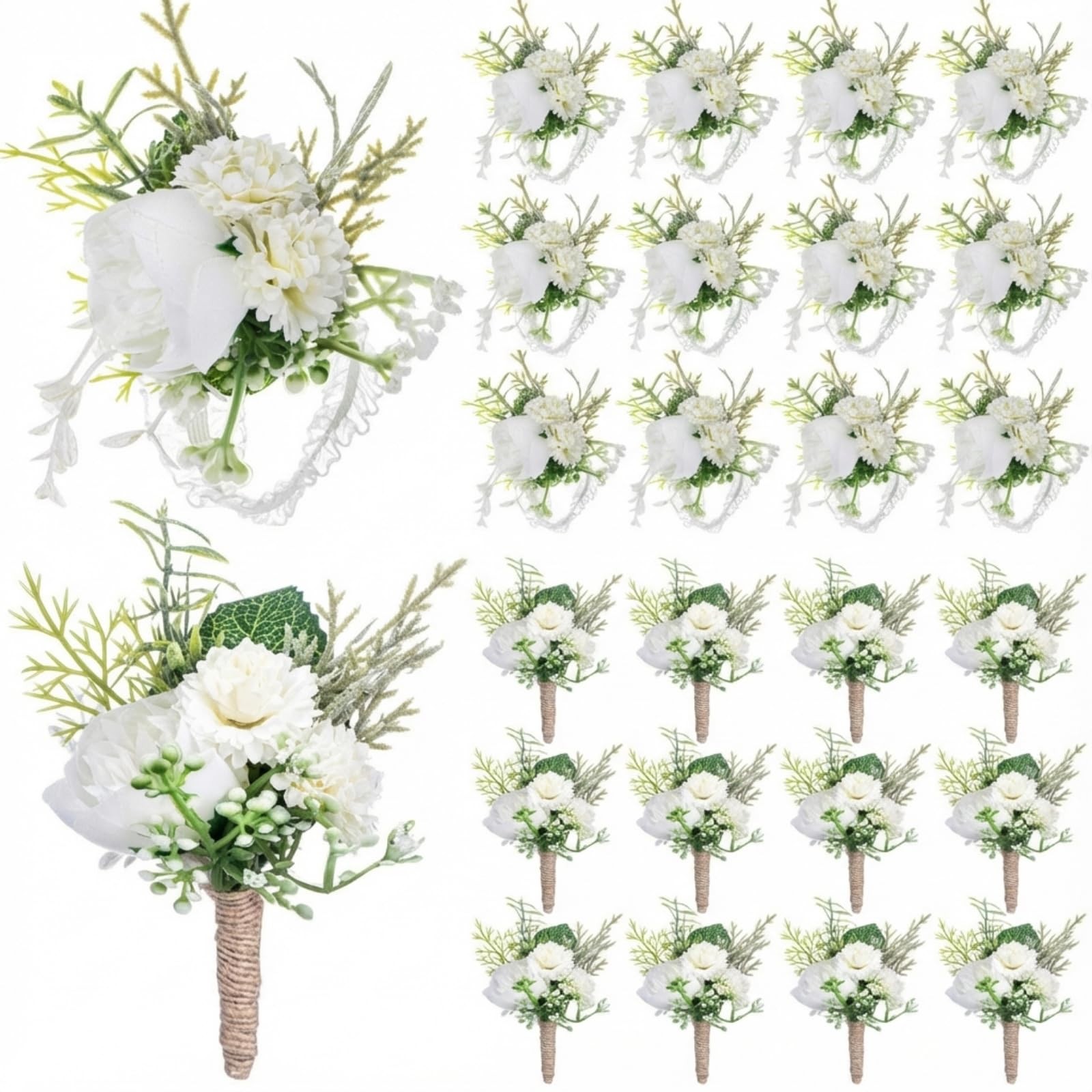 Wedding Corsage Boutonniere Set Artificial Rose Wristband Fresh White 24 PCS
