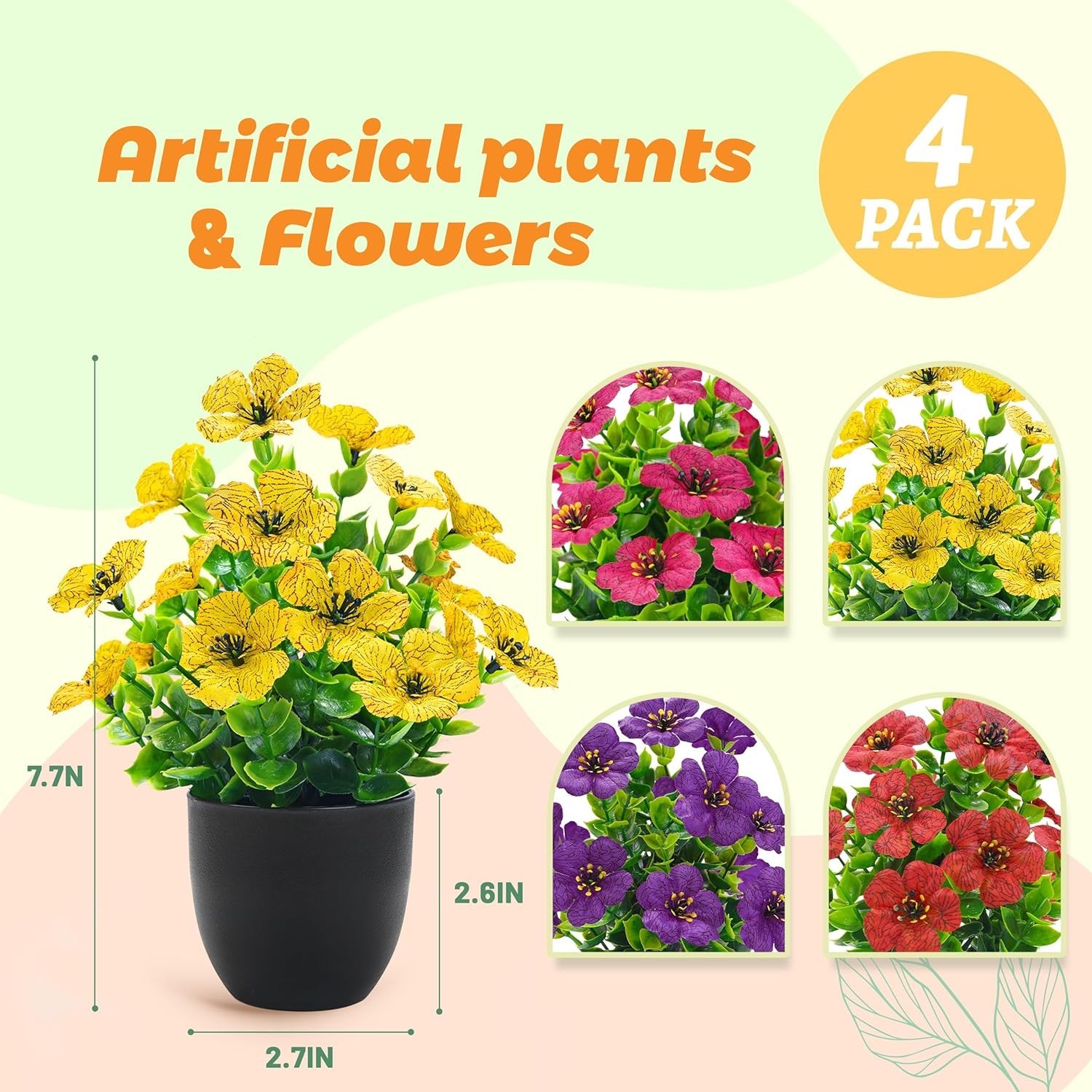 4 Pack Small Fake Plants Fragrance Discs Faux Flowers Black Pots Decor