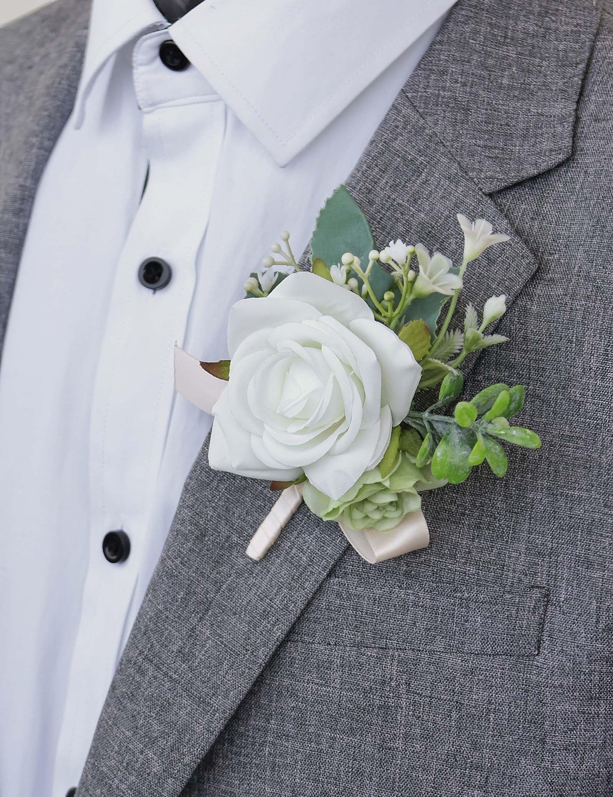 2 PCS Wrist Corsage Boutonniere Set Artificial Flower White Light Green