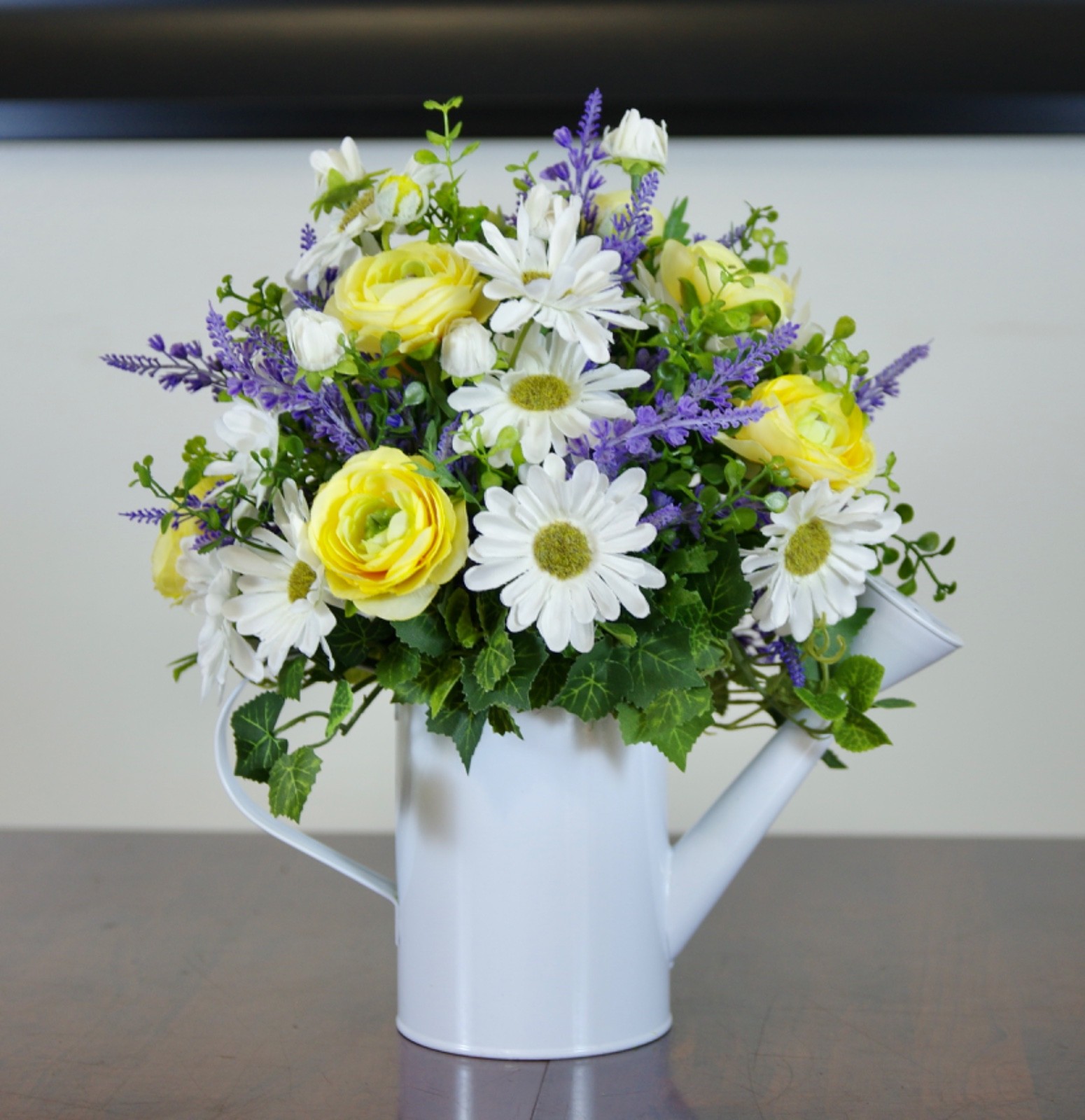 Silk Daisies, Ranunculus and Lavender Arrangement in White Metal Watering Can