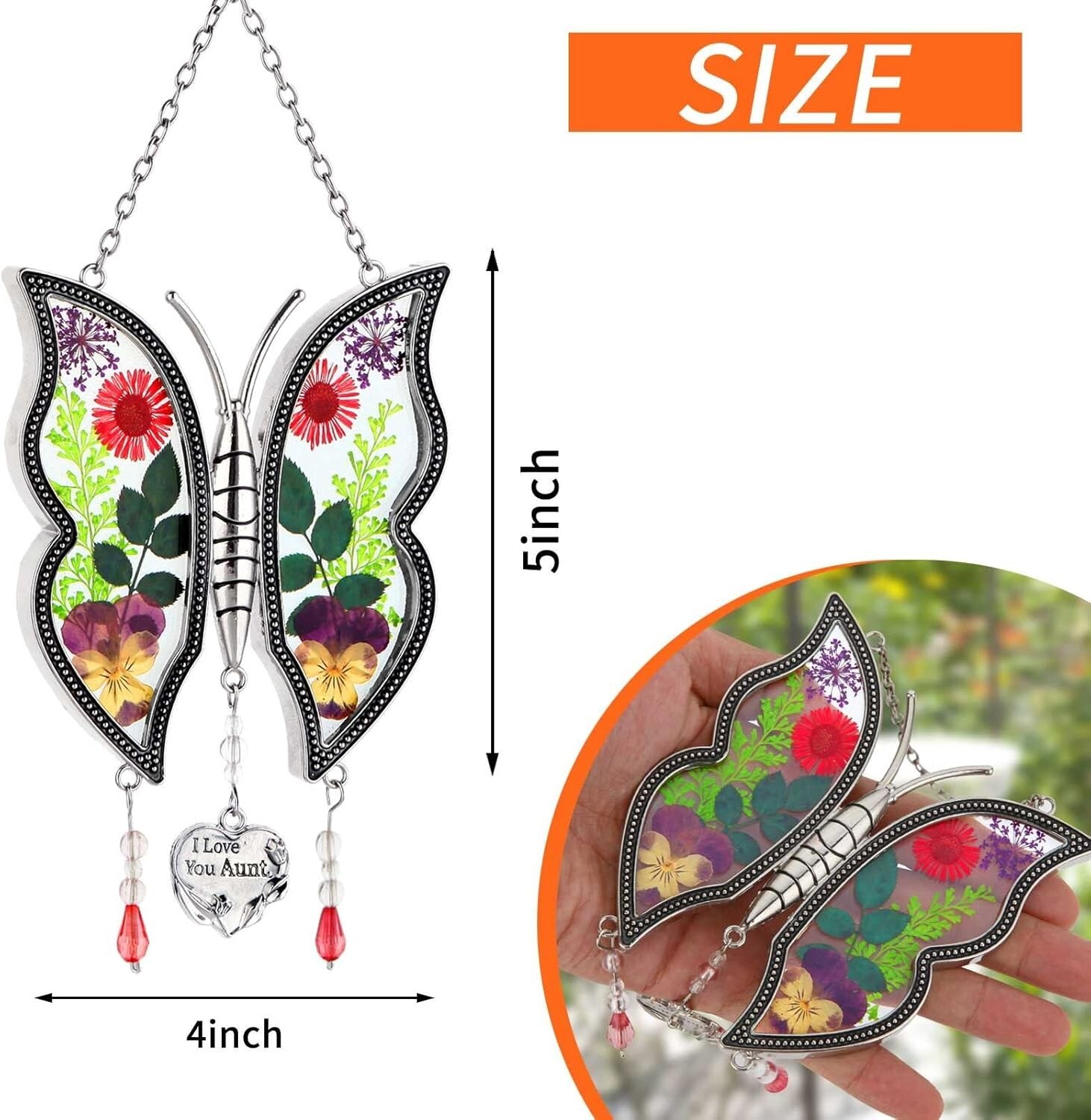 Aunt’s Gift, Butterfly Sun Catch Carefully Designed with Real Flower Glass Metal