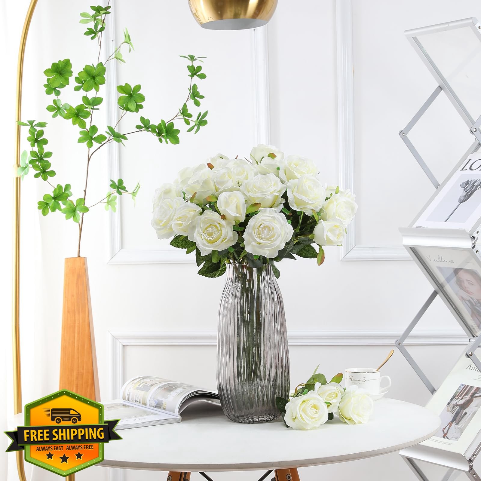Tifuly 12 Pcs White Roses Silk Flowers Realistic Long Stem DIY Wedding Decor