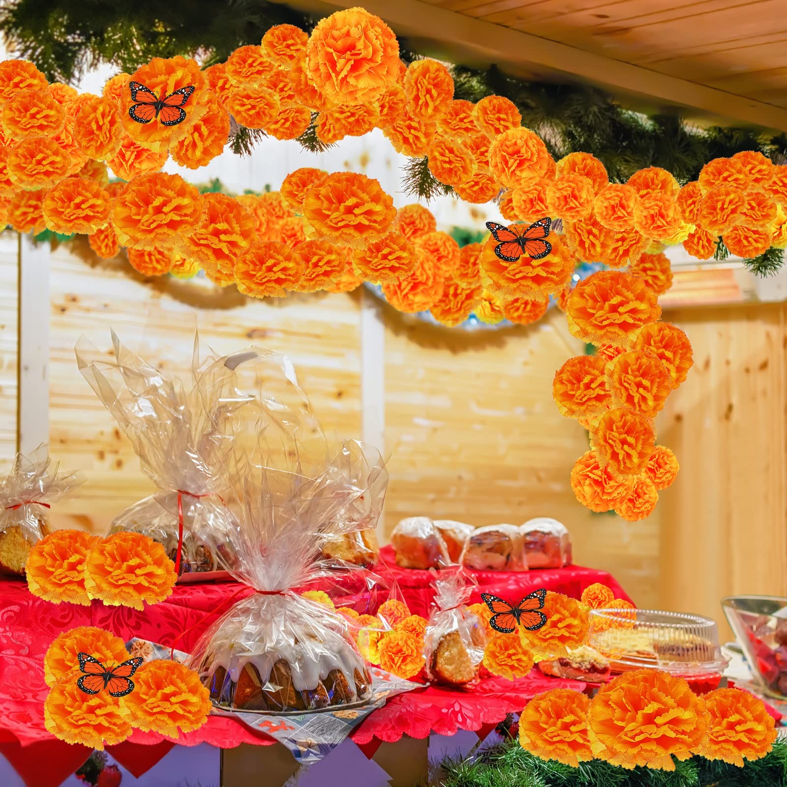 60 Artificial Marigold Flowers with Stem 20 Monarch Butterfly Day of The Dead…