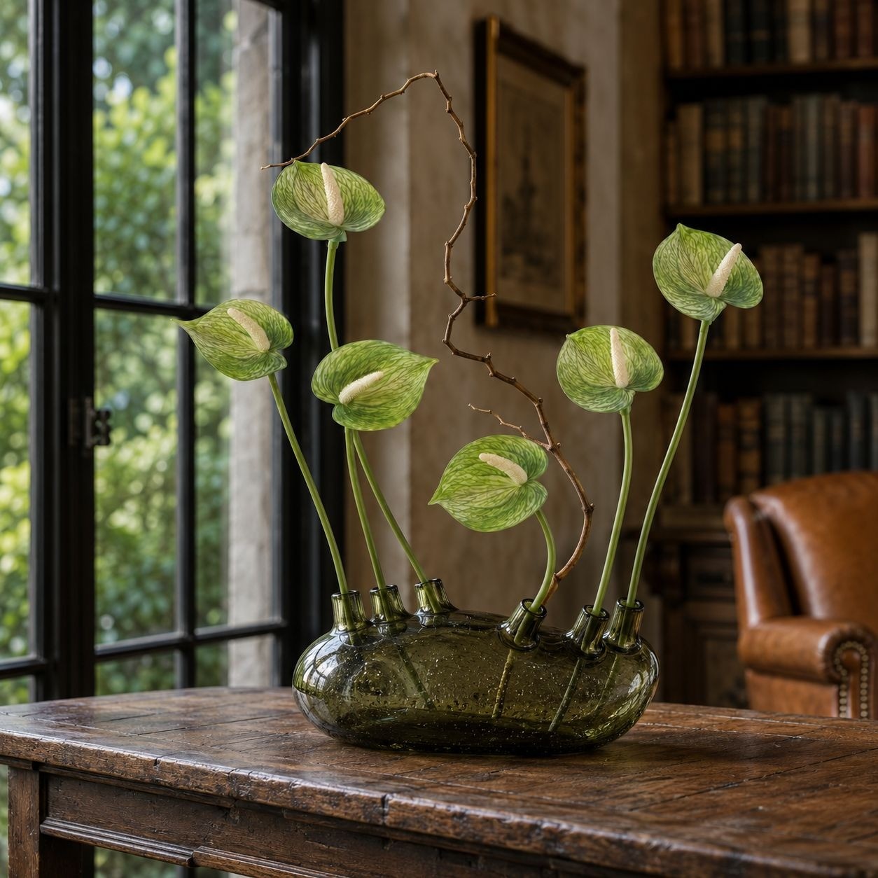 Soft Green Artificial Anthurium Stems, Set of 6, 11 Inch Real Touch Flowers