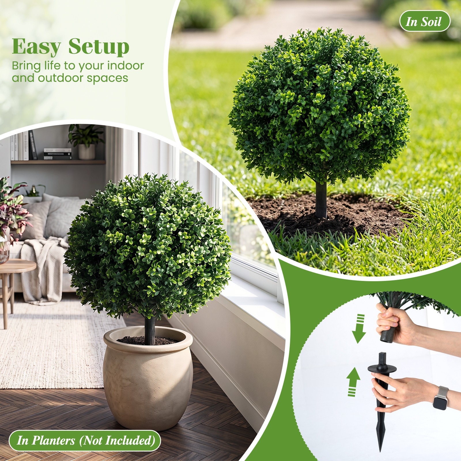 27″ Artificial Boxwood Topiary Trees Set of 2, Faux Shrubs with Ground Spikes