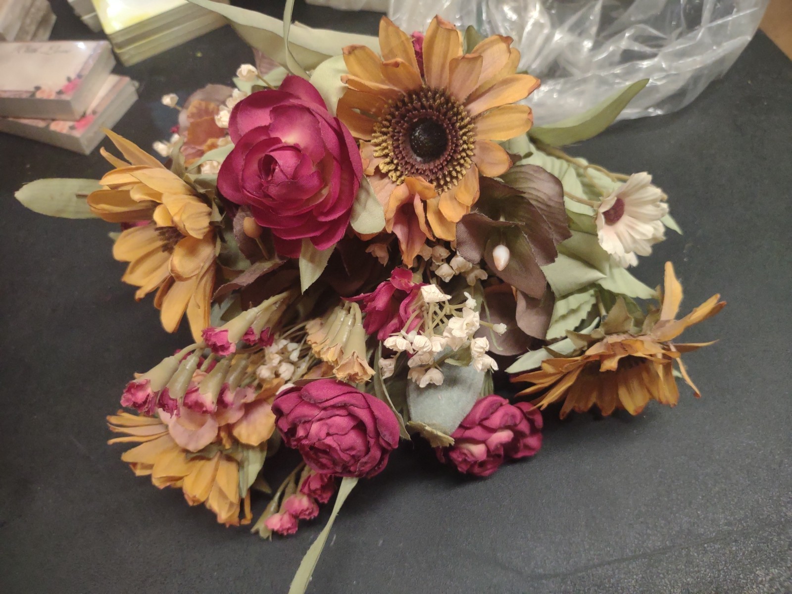 14″ Vintage Silk Bush, 16 Stems, Cranberry Ranunculus & Mustard Sunflowers