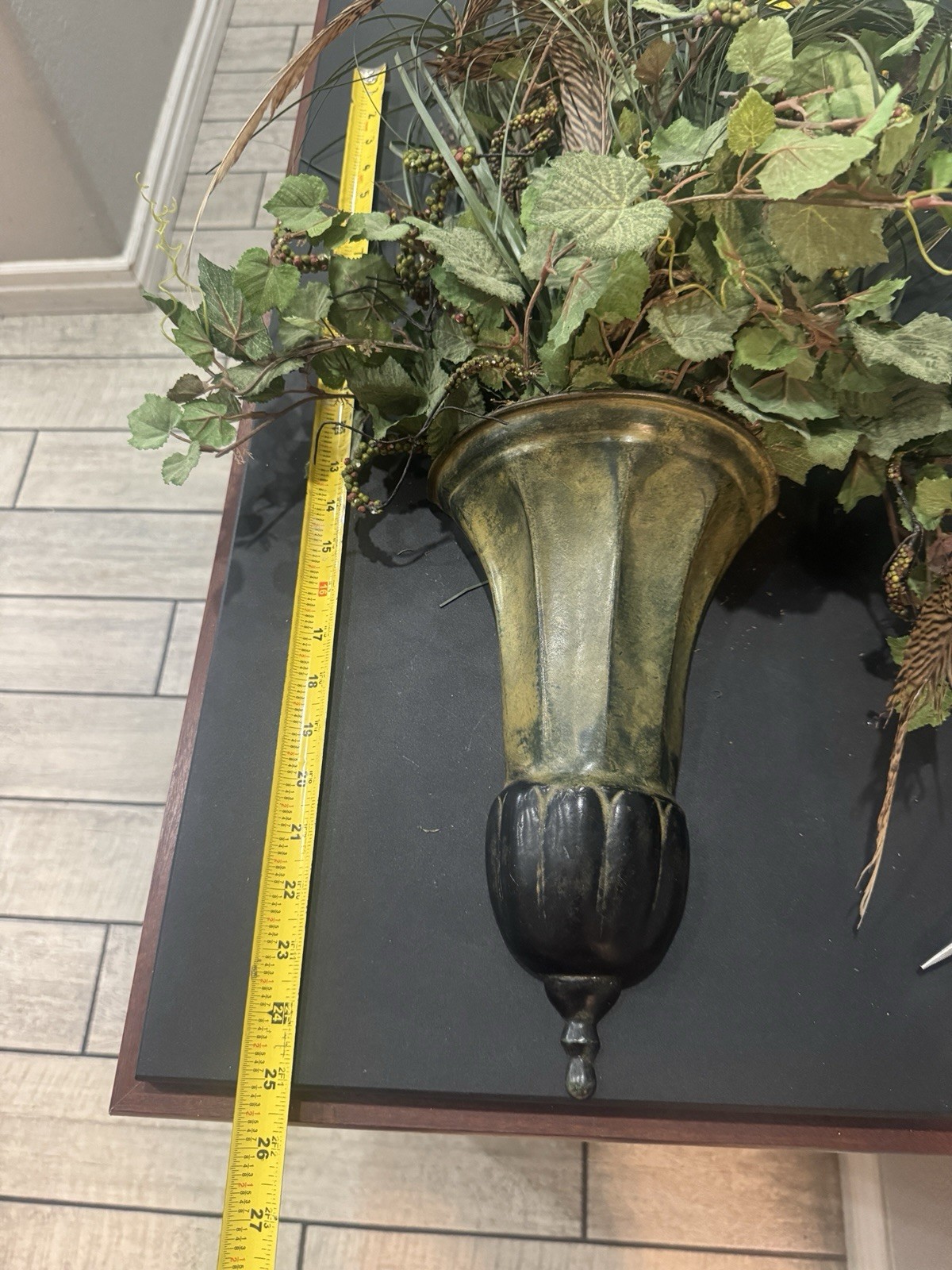 Beautiful 2 Mid-Cent. Metal Wall Scones W/Artificial Foliage 25×15 (Cone 11.5×7)