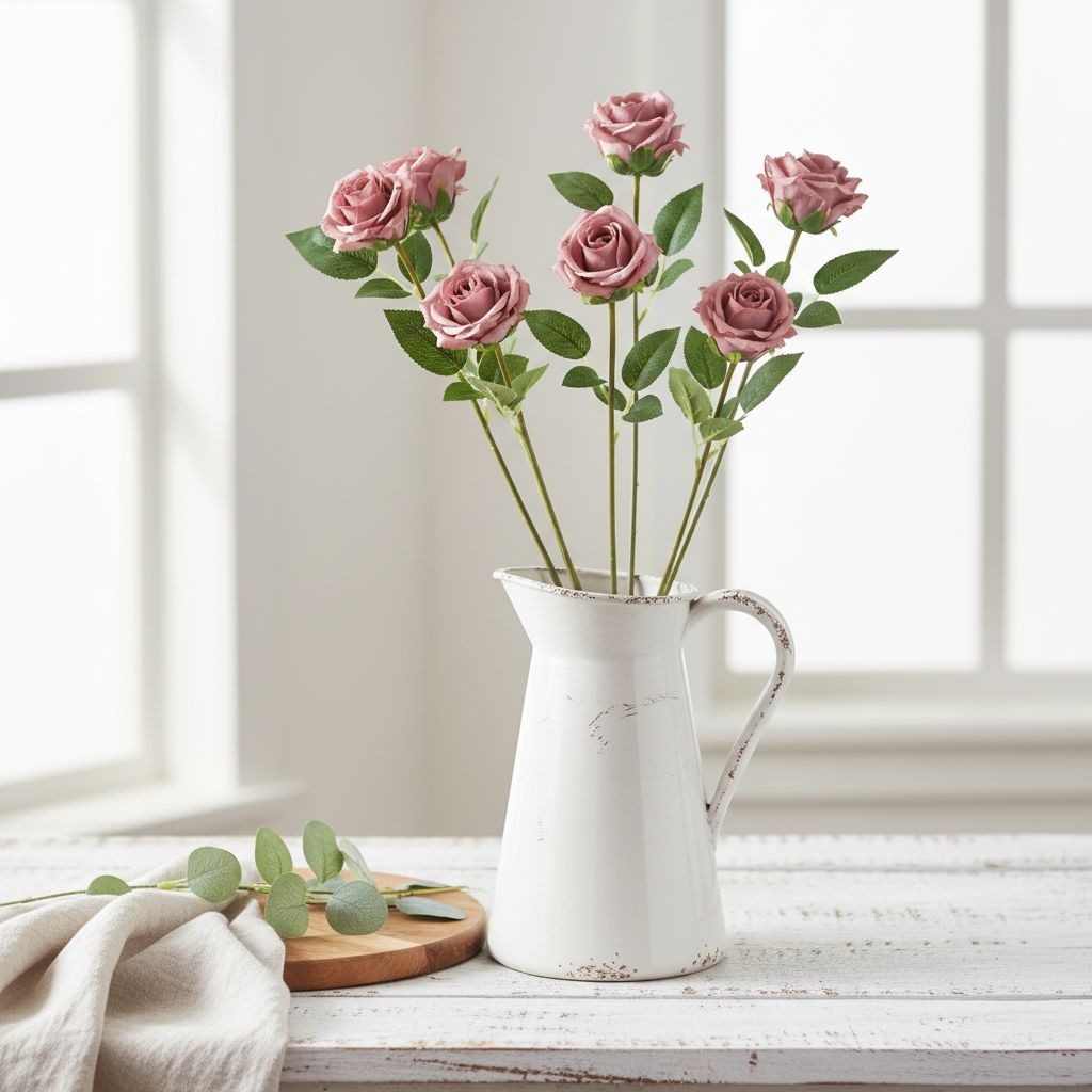 Mauve Rose Stem Set of 6 Dusty Rose Faux Flowers Artificial Long Stem Roses Vint