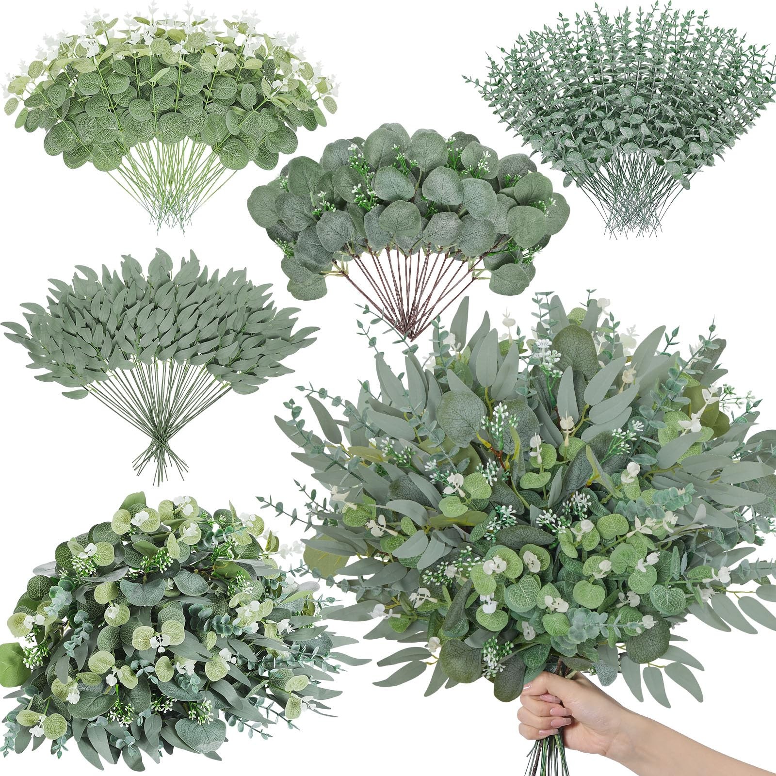Serwalin 200pcs Artificial Mixed Eucalyptus Leaves Stems Bulk, 4Kinds Silver …