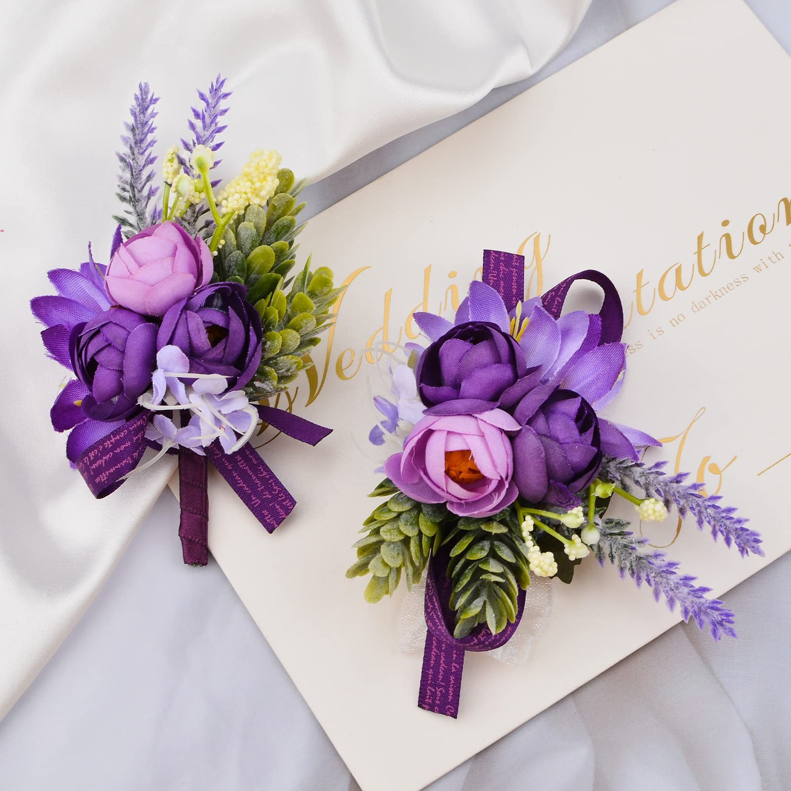 Wrist Corsage and Boutonniere Set, 1 Set Small Rose Purple Hand Flower for Pr…
