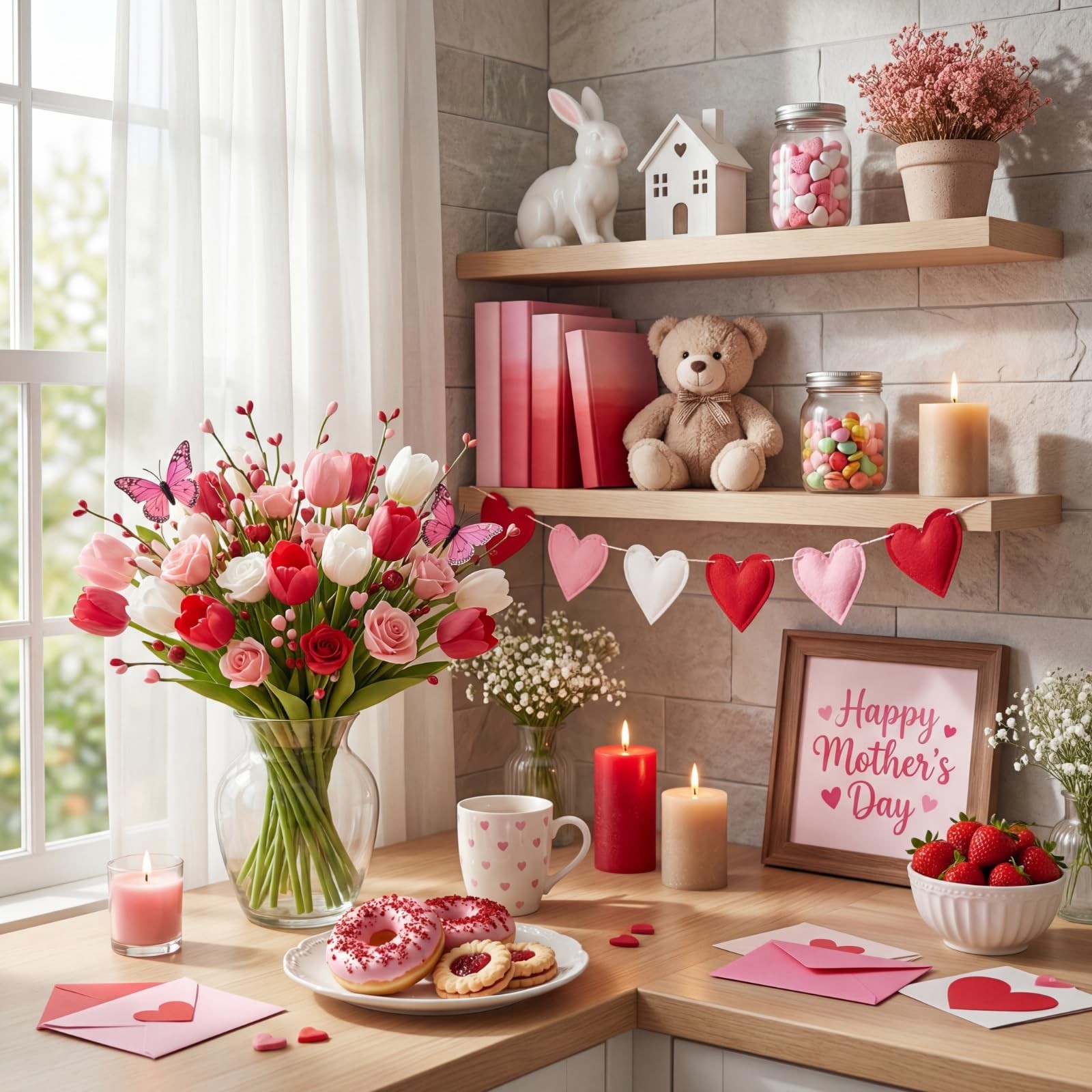 12 Pack Artificial Flower Decor, Tulips & Roses Bouquets with Butterfly Heart…