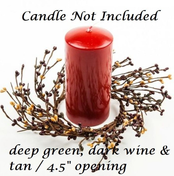NEW Primitive Berry Candle Ring 4.5″ Pips Wreath BURGUNDY GREEN TAN FARMHOUSE