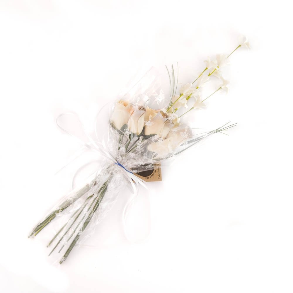 Wooden Rose Bouquet Silver & White Closed Bud Fits 25th Anniversary 12 PCS