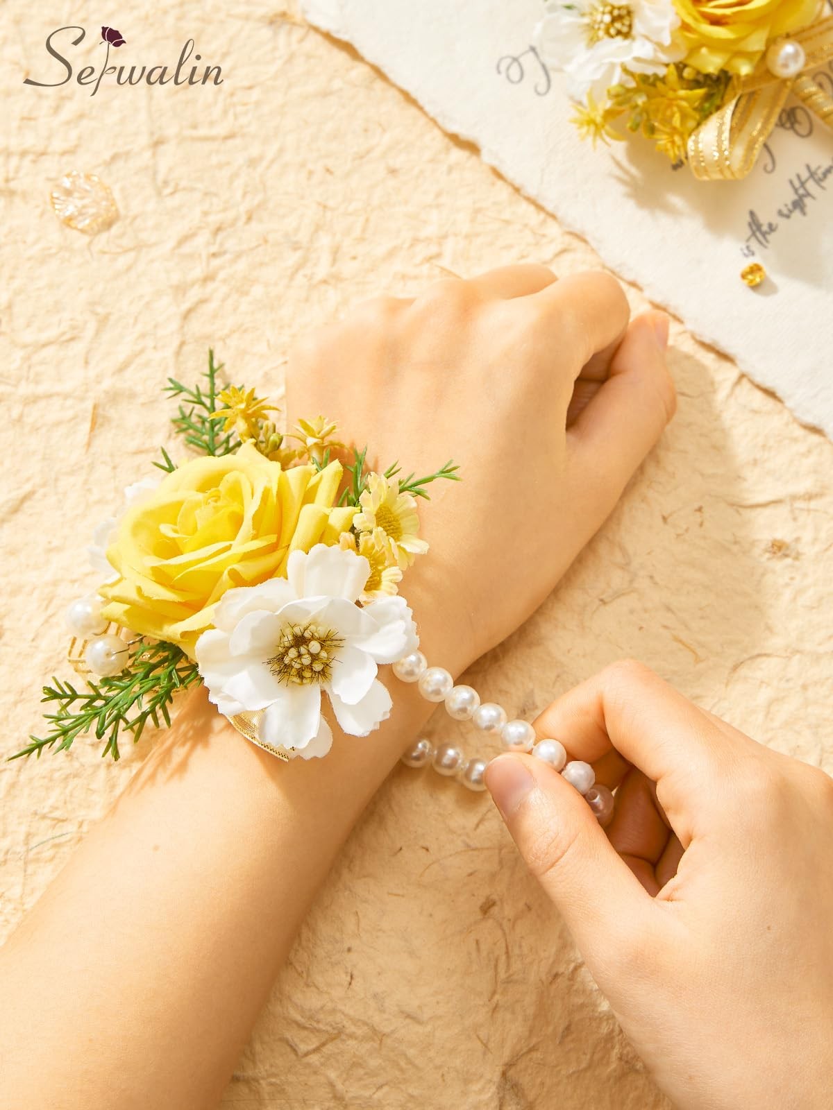 Yellow Rose Corsage and Boutonniere Set, Artificial Silk Rose Wrist Corsage W