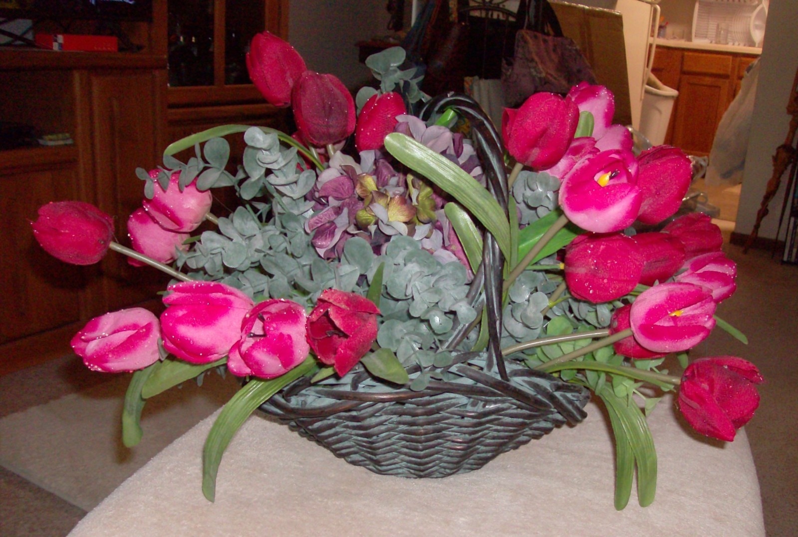RED ARTIFICIAL TULIPS In Brown Wicker Basket 20″ X 16″ X 12″ High