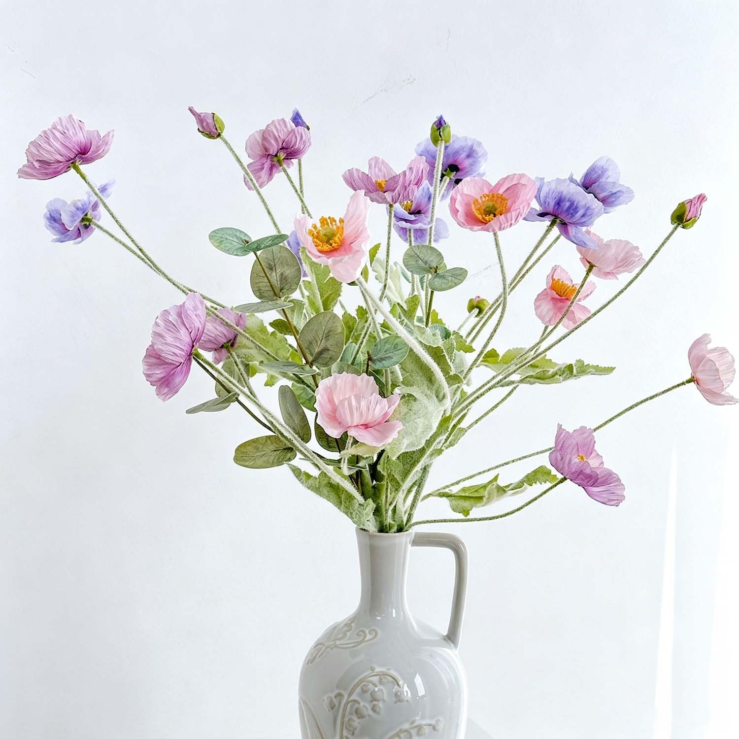 Artificial Poppy Flowers with Eucalyptus Stems, 6pcs Faux Poppy + 2pcs Fake E…
