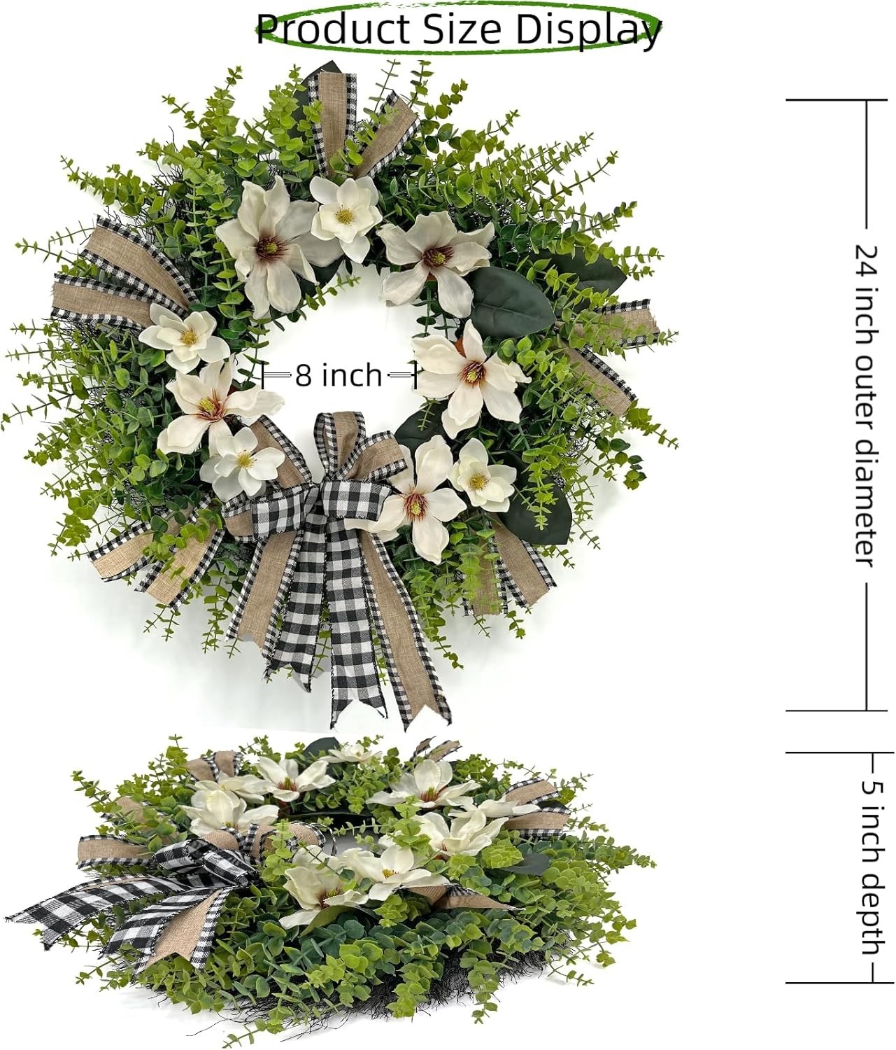 24 Inch Magnolia Wreath Farmhouse Door Decor Greenery Buffalo Plaid Bow