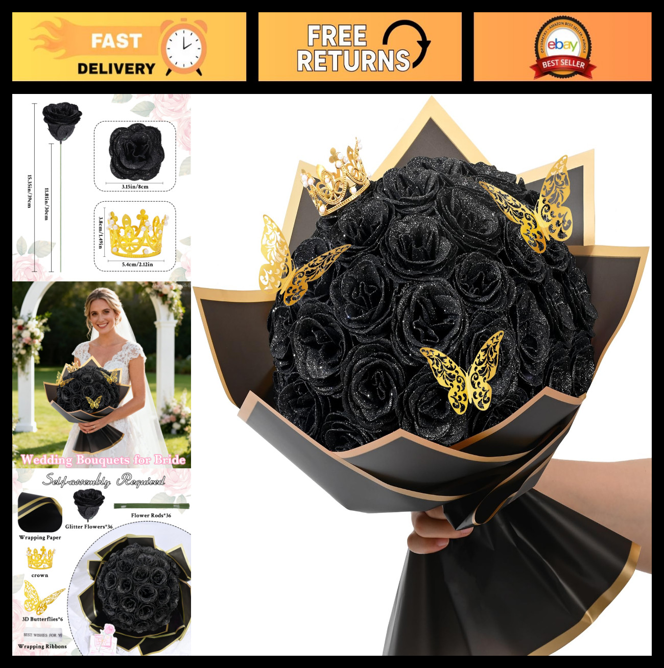 Glitter Black Roses Bouquet – 36 Pcs DIY Fake Flowers for Birthdays, Anniversari