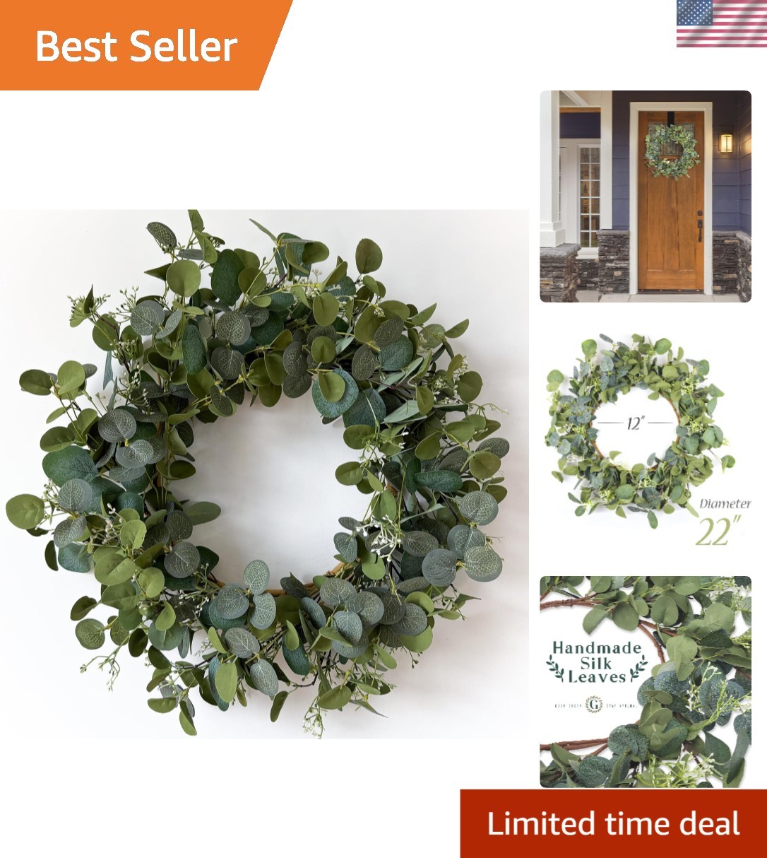 Durable 22-Inch Eucalyptus Wreath – Handmade Silk for Indoor & Outdoor Use
