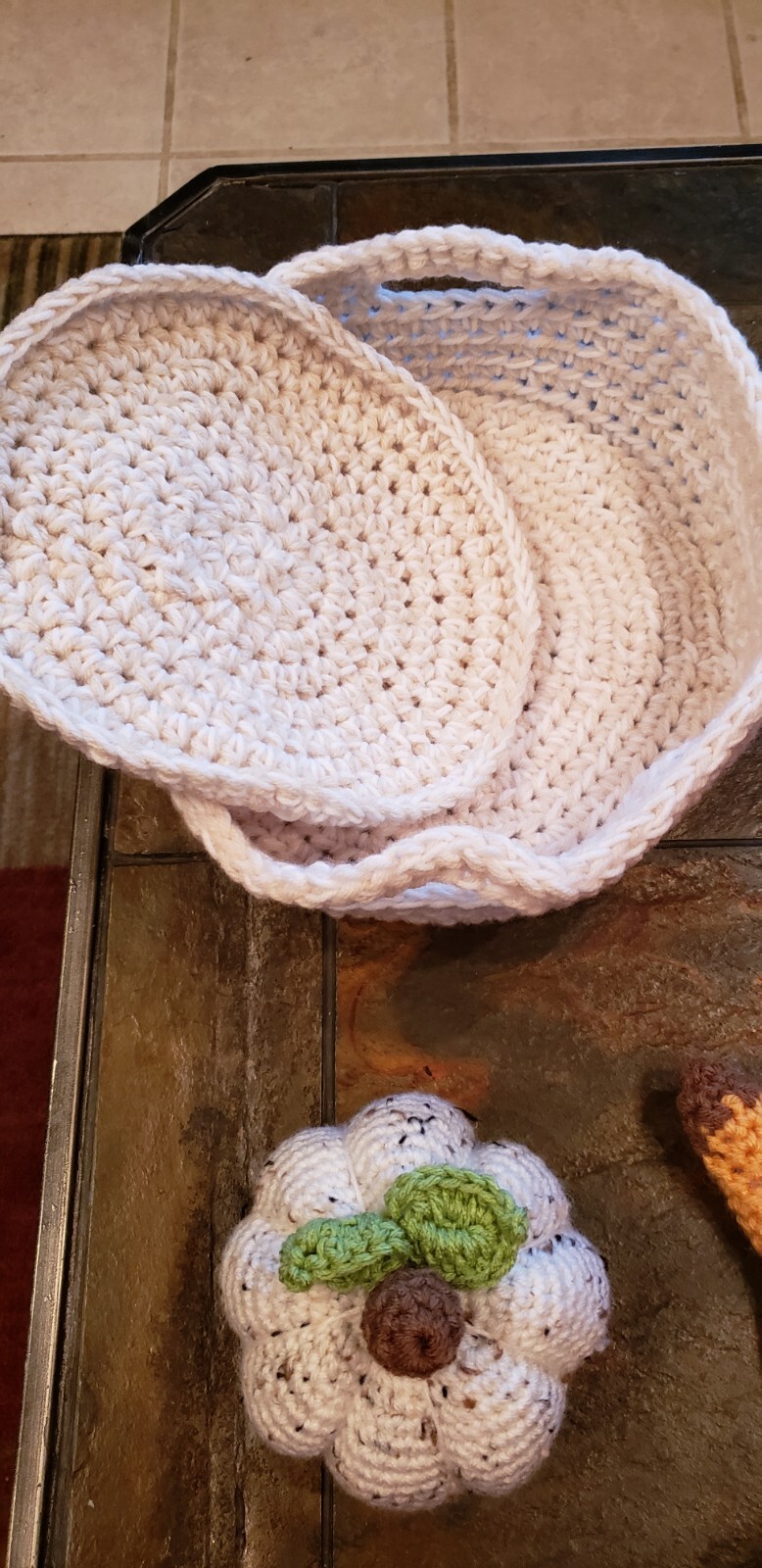 Crocheted Basket Pumpkins and Gourds Handmade Fall Decor 11 “X 11”