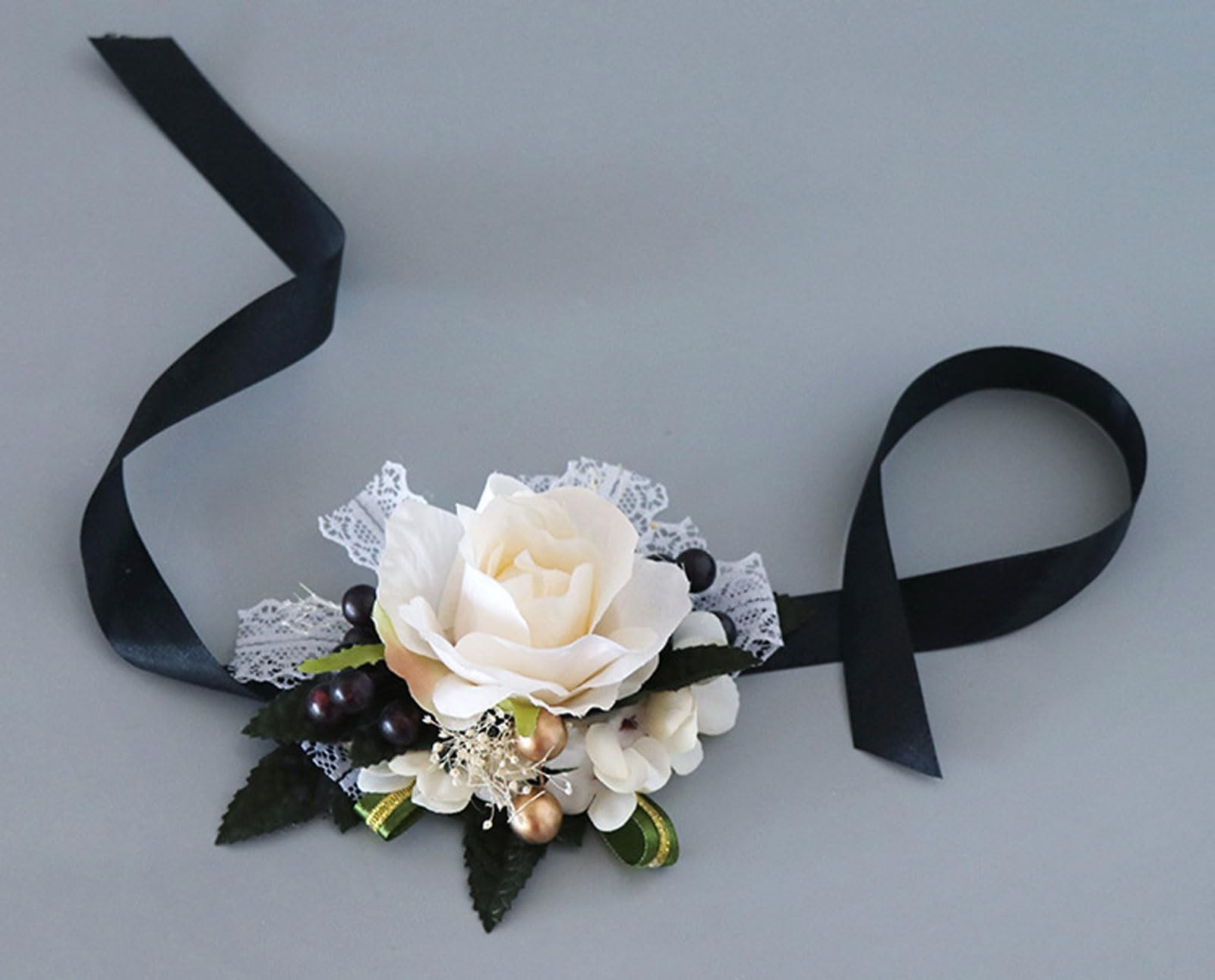 Ivory Rose Black Wrist Corsage And Boutonniere Set Wedding Prom 3 Pairs Decor