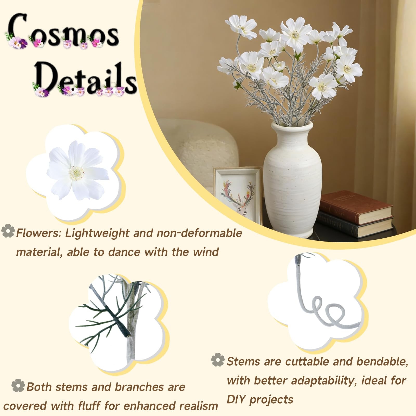4 Pcs White 24″ Tall Artificial Cosmos Flowers for Vases, Fake Silk Daisy Flo…
